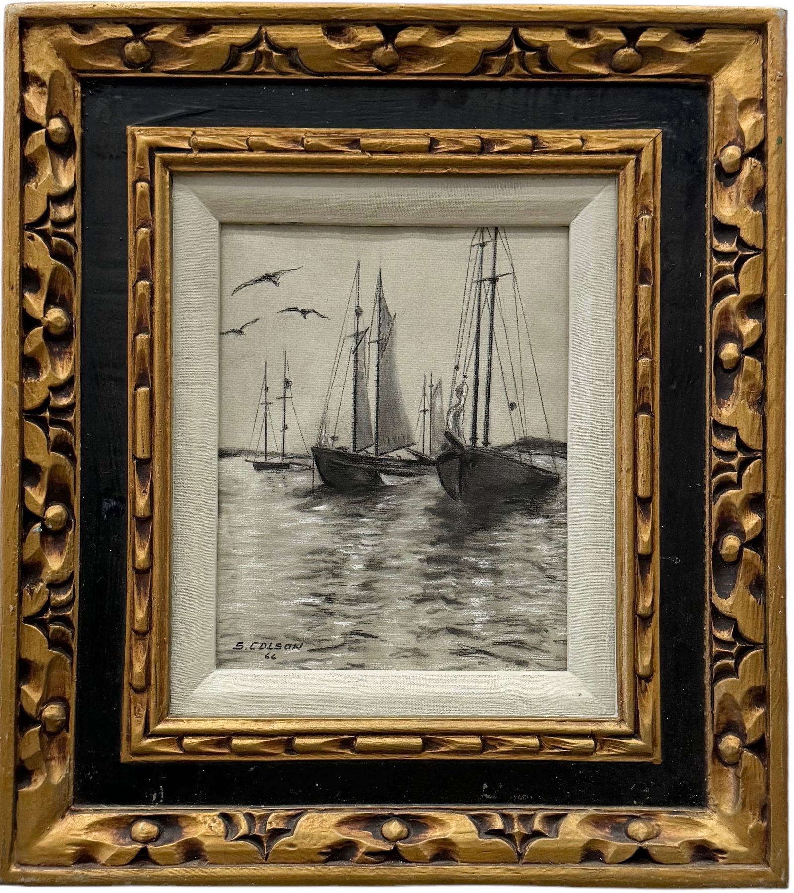 Vintage American School Charcoal Nautical Seascape w/ Boats, Signed (1 of 3)