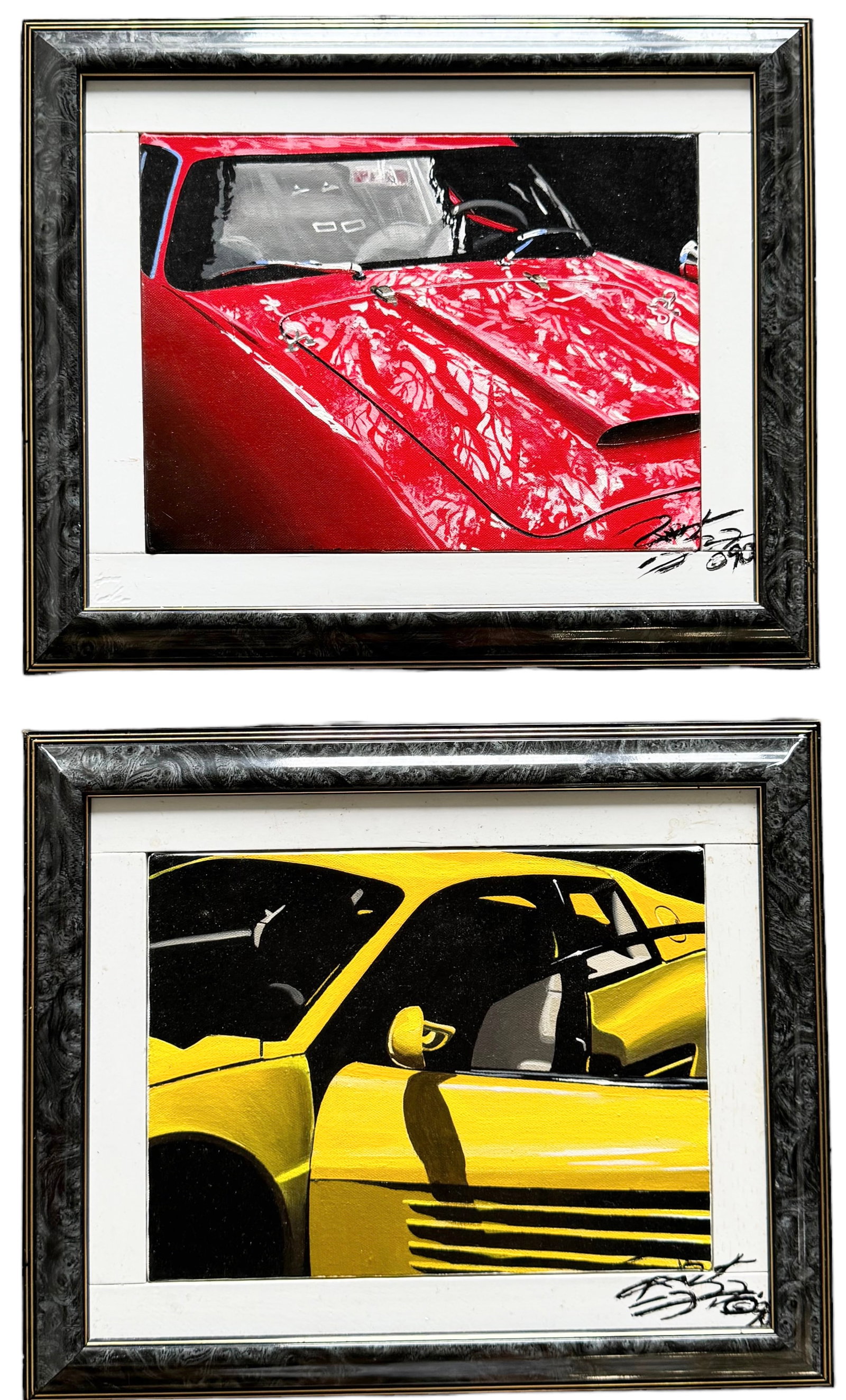 Pair Of 1990's Vintage American School Sports Car Paintings, Signed: Acrylic on board 12 x 9 in, 17 x 14 in (framed)