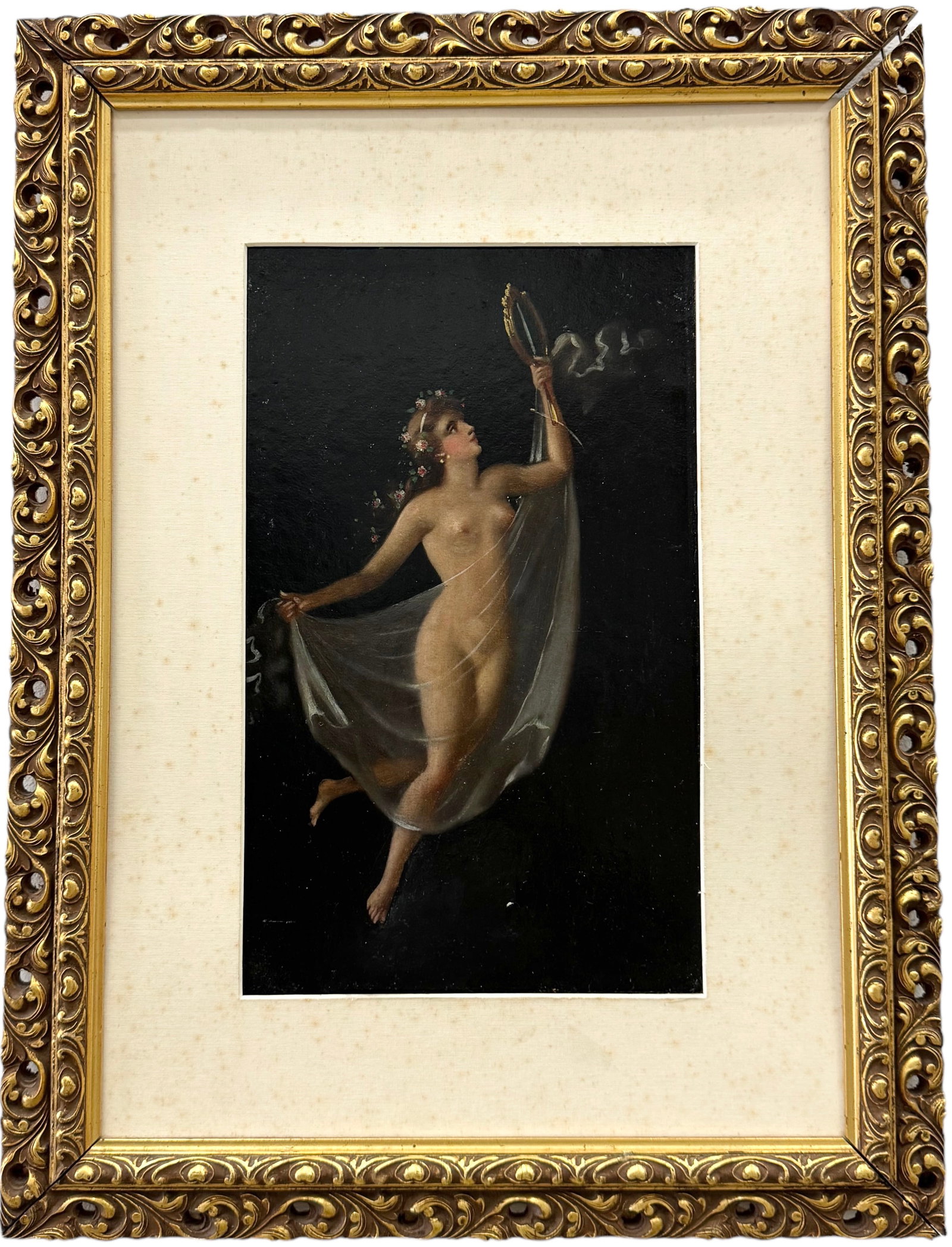 Italian School Art Nouveau Floating Nude Woman: Oil on board 18 x 13 1/4 in, 24 x 18 in