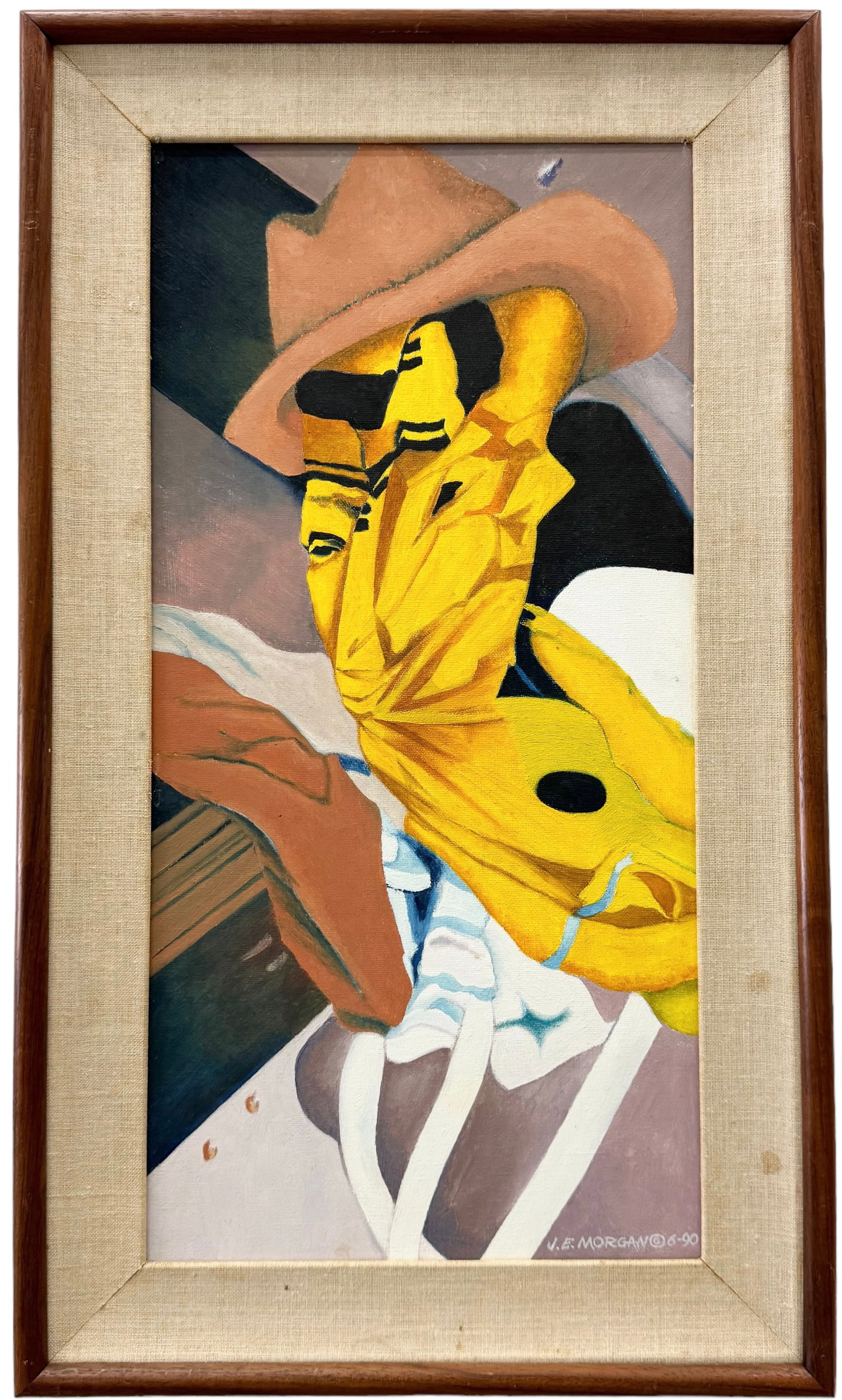 JE MORGAN (20th c, American) "The Man In The Yellow Mask", Surrealist: Oil on canvas 22 x 11 in, 26.5 x 15.5 in (framed)