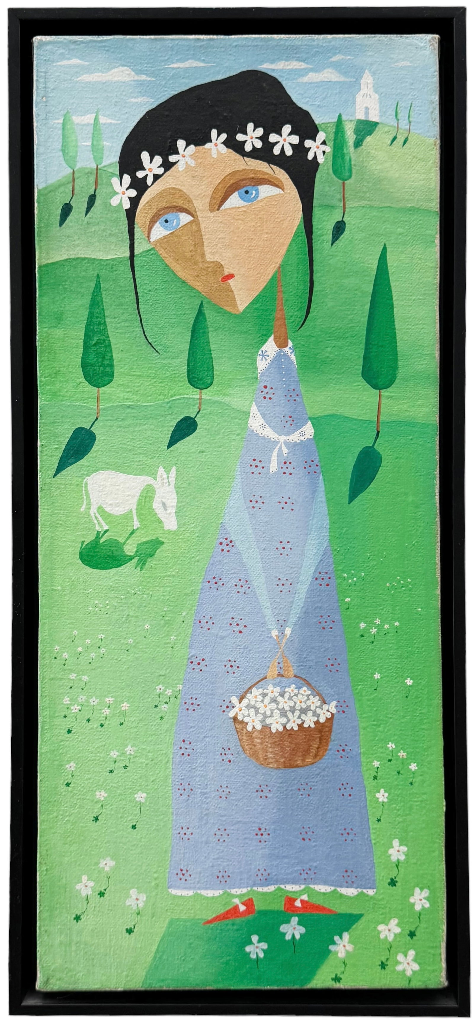 DATO BREGVADZE (20th c, Georgian) Flower Girl, Modernist: Oil on canvas 18.5 x 8 in, 19.5 x 9 in (framed)