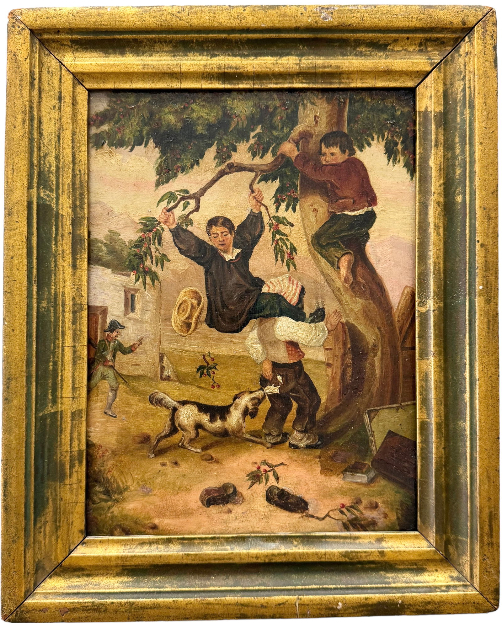 Antique American School Revolutionary Subject Children w/ Dog & Soldier (1 of 2)