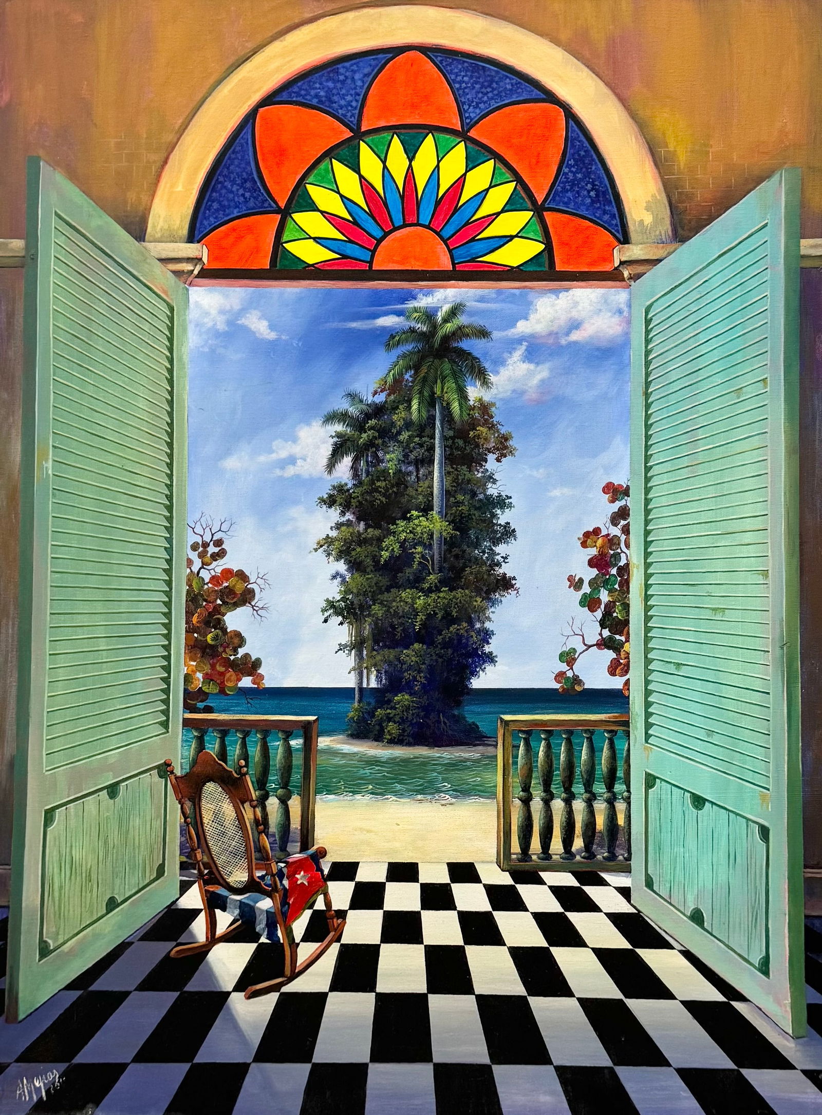ARMANDO MEJIA (20th c, Cuban) Window Tropical Scene By The Beach (1 of 4)