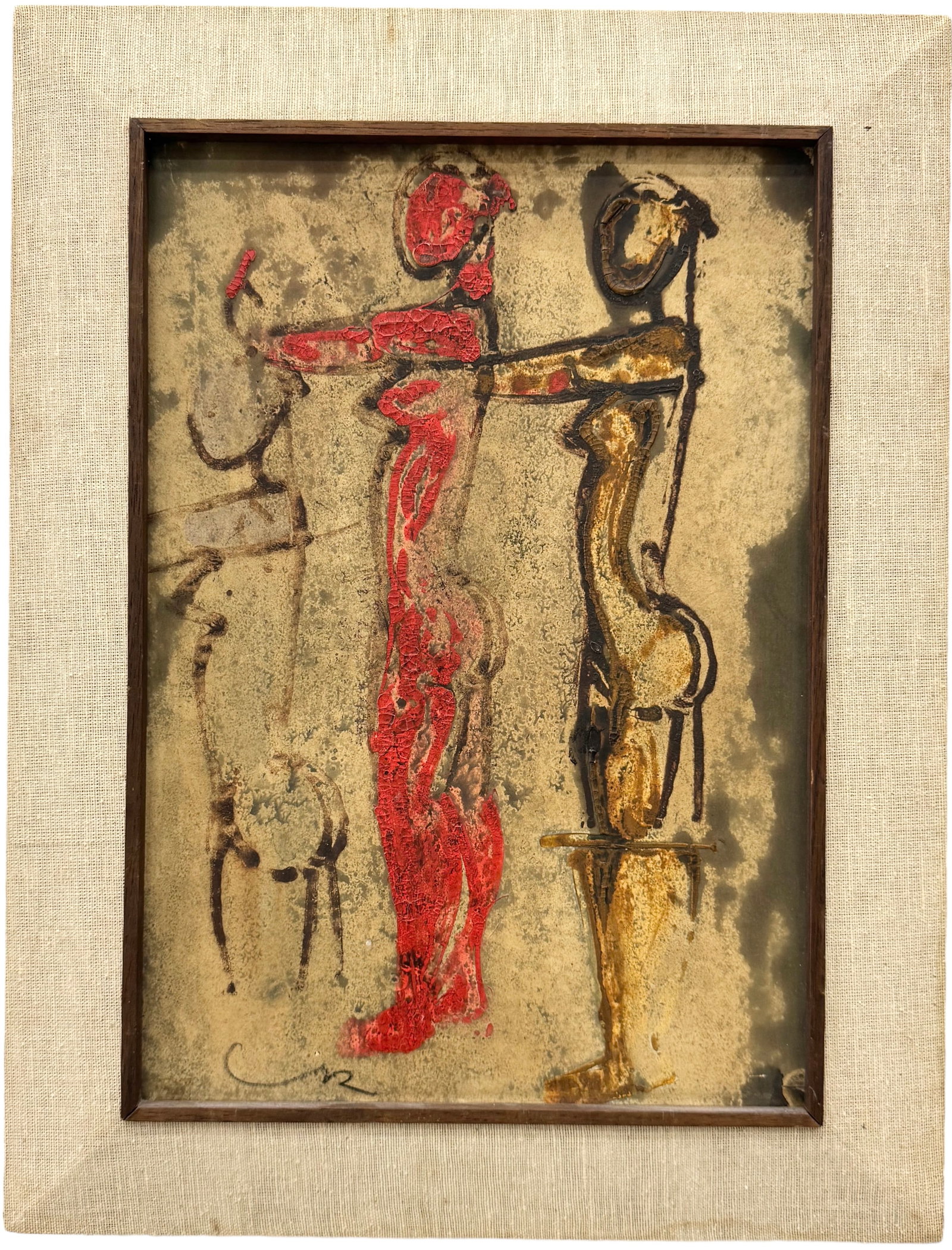 Mid-Century Modern Italian School Abstract With Figures, Signed: Oil on board 17 x 12 in, 22 x 16 in (framed)