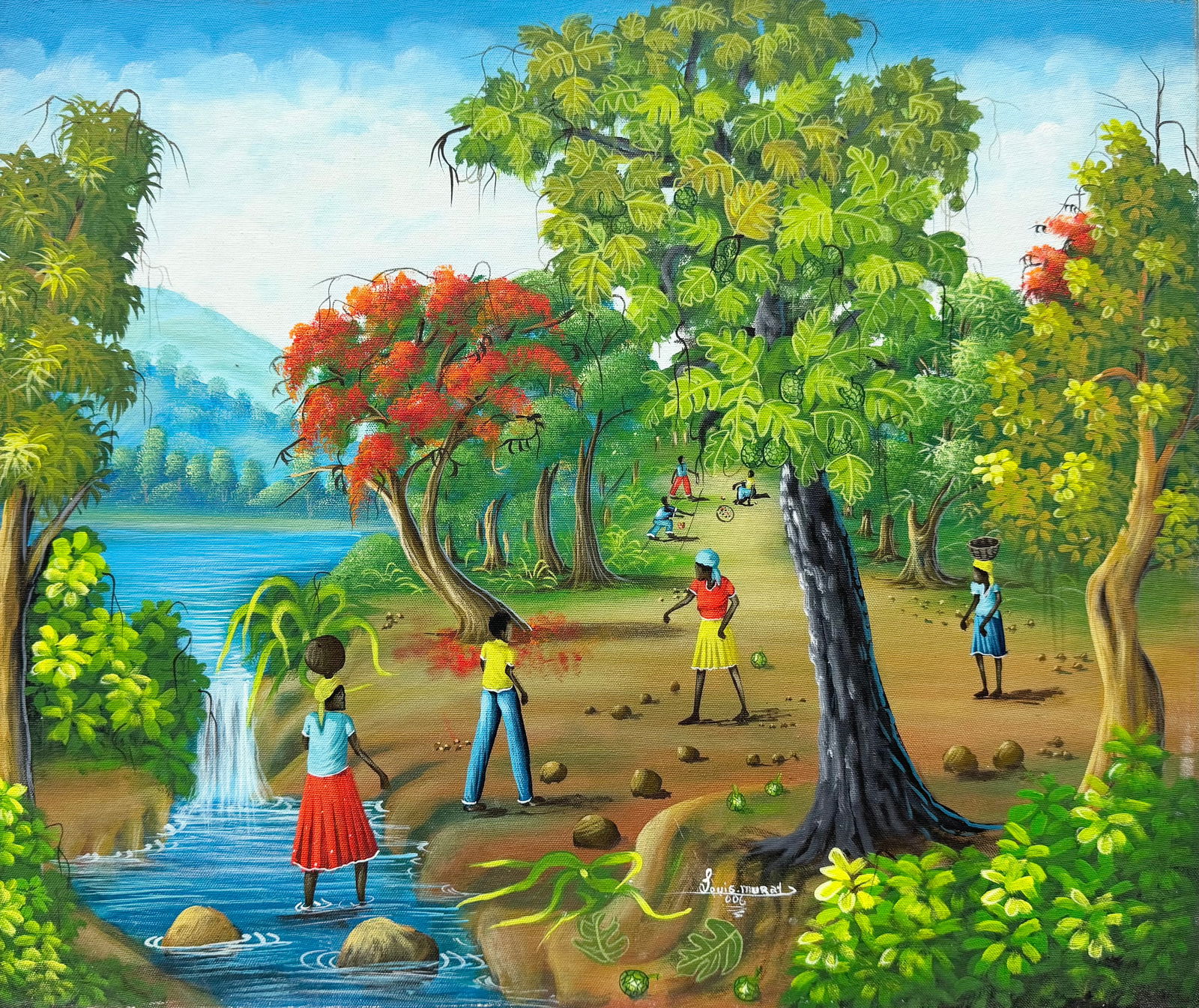 LOUIS MURAY (21st c, Haitian) River Landscape With Villagers (1 of 3)