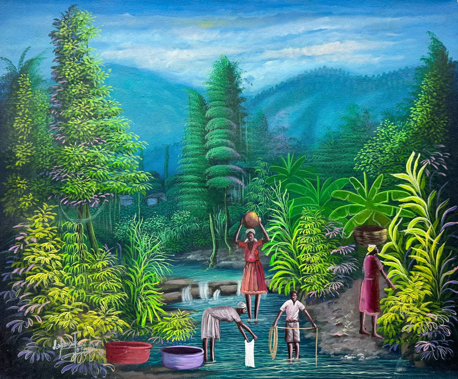Haitian School River Landscape With Villagers, Signed: Oil on canvas 24 x 20 in