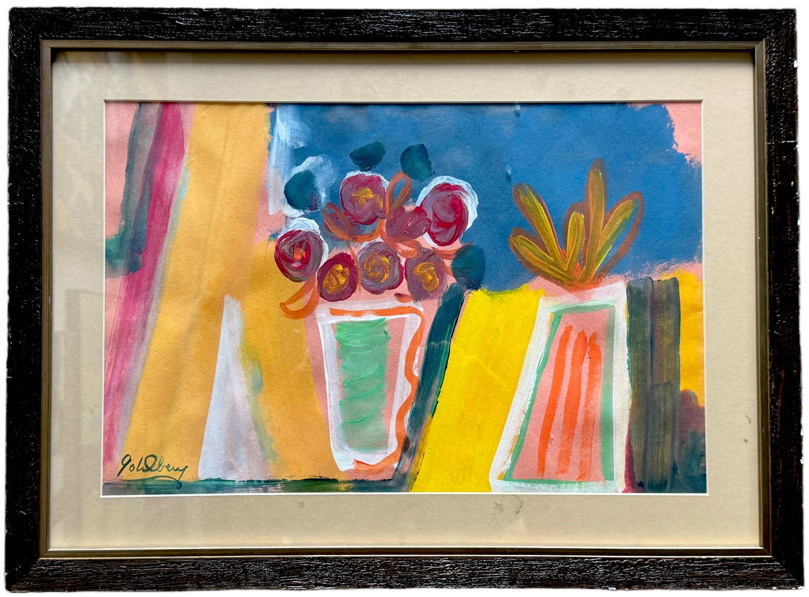 Mid-Century European School Modernist Still Life Of Flowers, Signed: Gouache on paper 23 x 17 inn (framed)