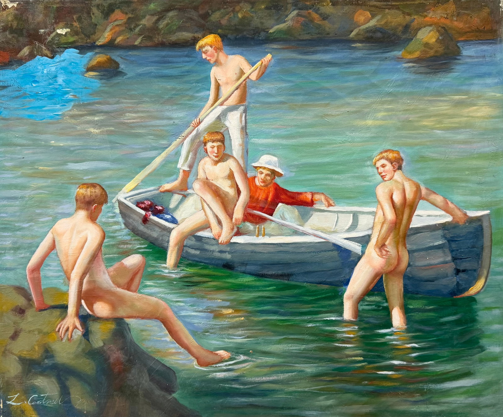 American School Painting Boys On A Boat, Signed: Oil on canvas 24 x 20 in