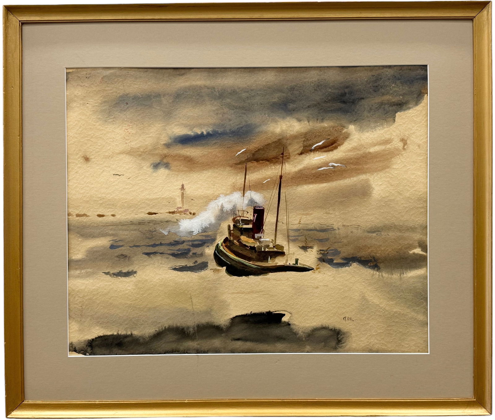 Vintage American School Nautical Seascape With Tugboat, Signed (1 of 3)