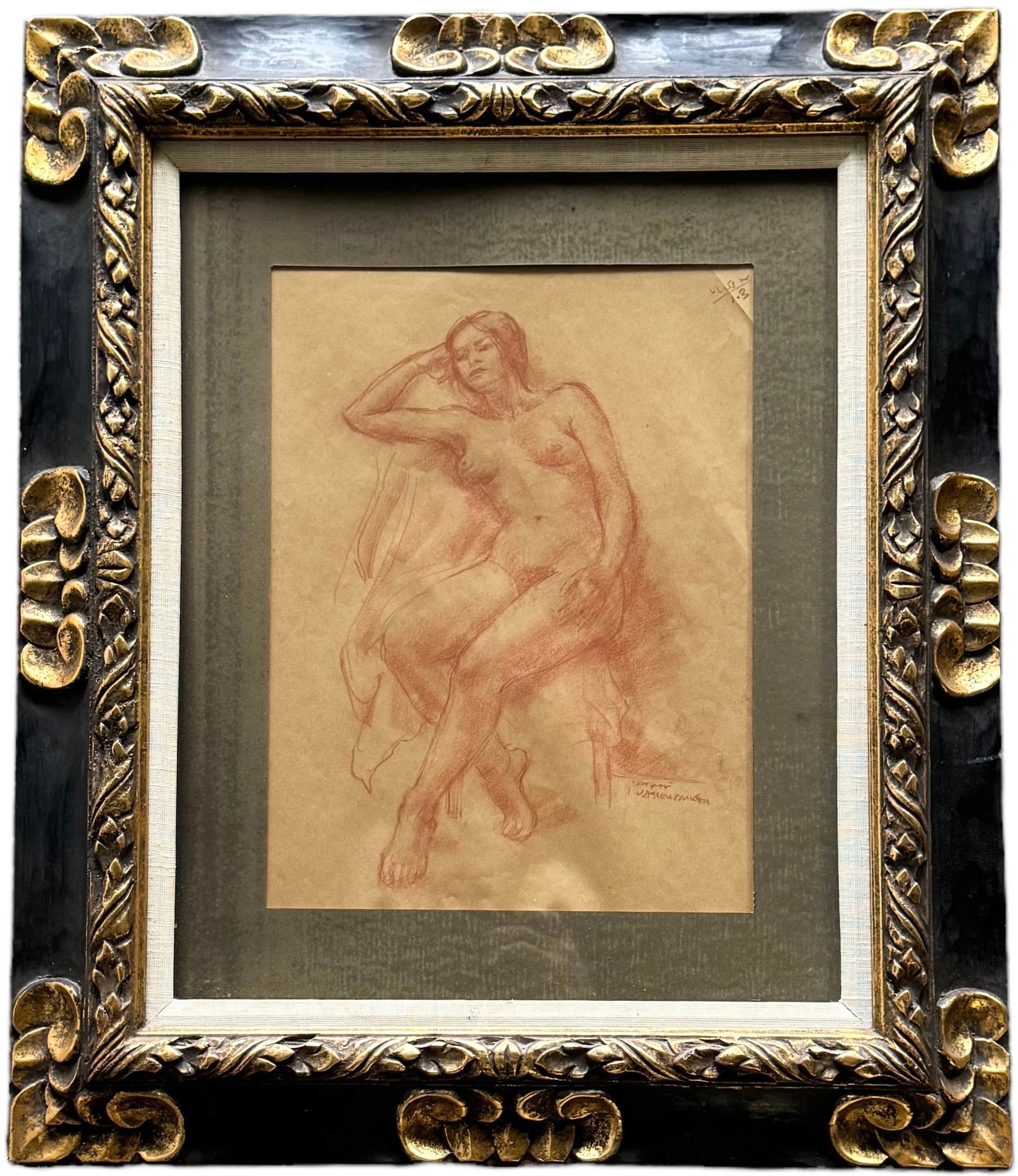 Nathan Wasserberger (1928-2002, New York) Nude Sepia Drawing: Sepia drawing 27 x 23 in (framed)