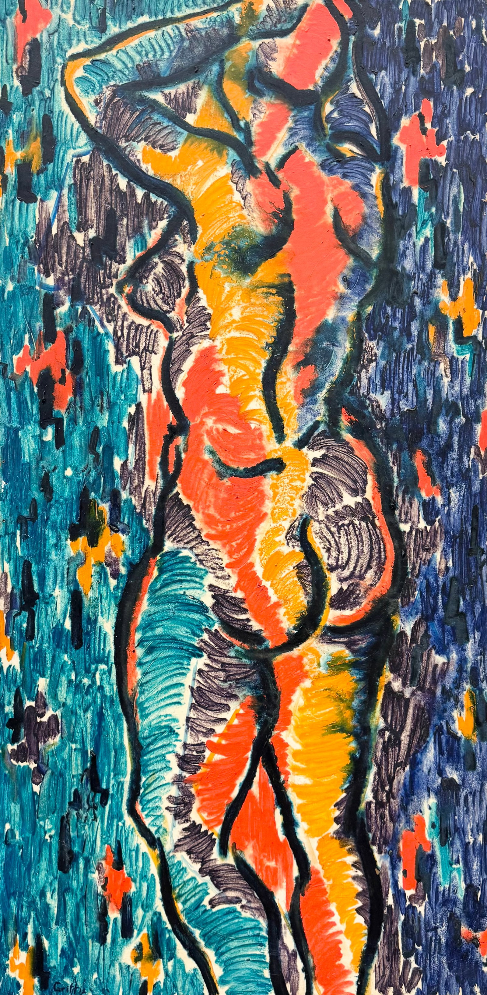 Monumental Italian School Mid-Century Modern Figural Nude Painted In Rome, Signed: Oil on canvas 71.5 x 35.5 in