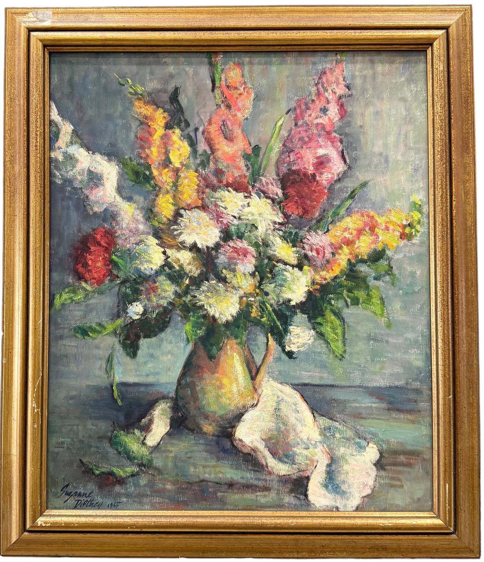 1960's American School Modernist Still Life Of Flowers, Signed: Oil on canvas 24 x 20 in, 28 x 24 in (framed)