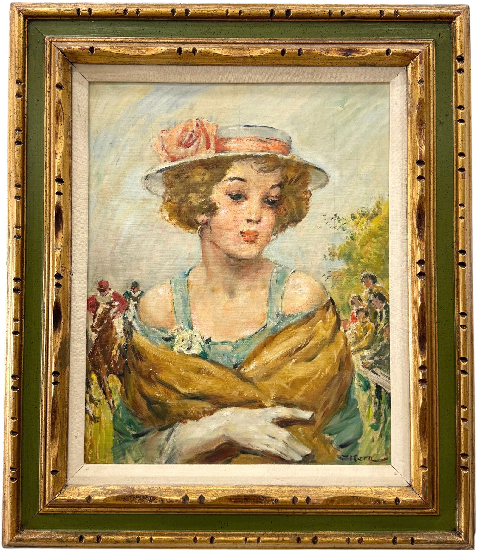 1940's American School Portrait Of A Pretty Woman At A Horse Race, Signed (1 of 3)