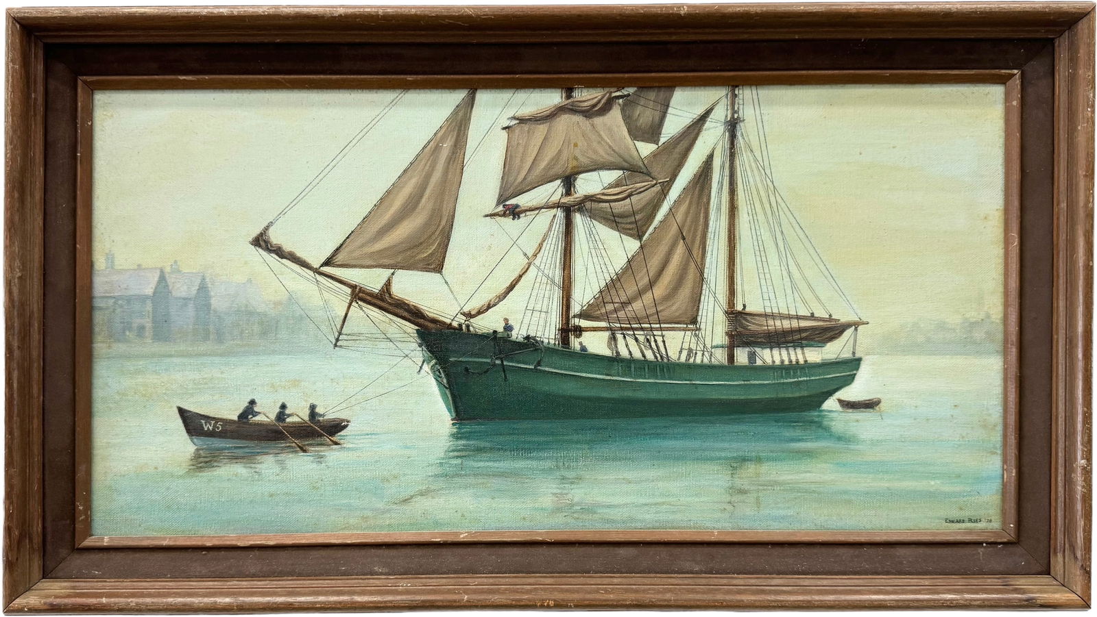 Vintage British School Harbor Scene With Boats, Signed: Oil on canvas 27.5 x 15.5 in (framed)