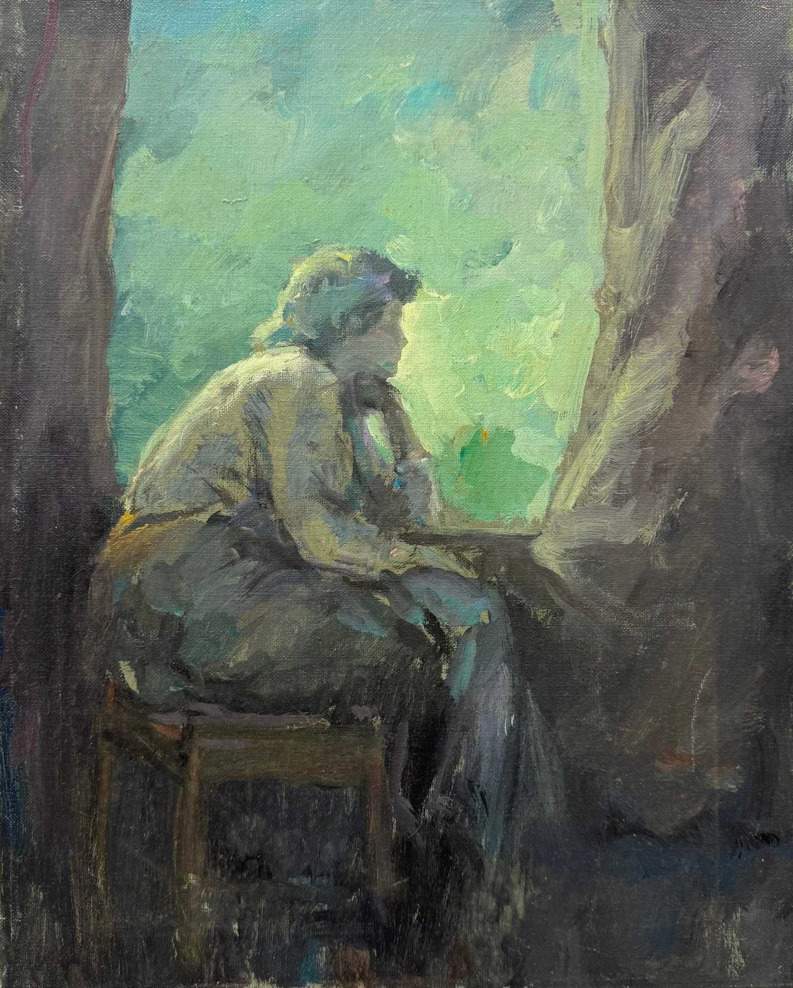 American School Modernist Scene Of Woman Reading By Window, Signed: Oil on canvas 20 x 16 in