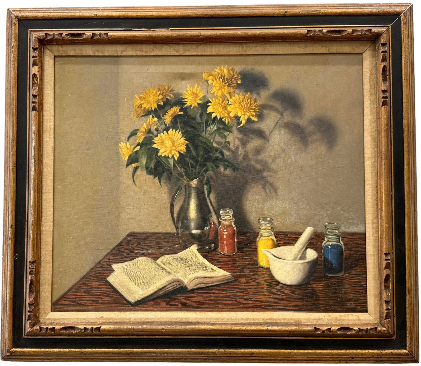 Nicely Framed Mid-Century American School Still Life Of Flowers, Signed: Oil on canvas 24 x 20 in