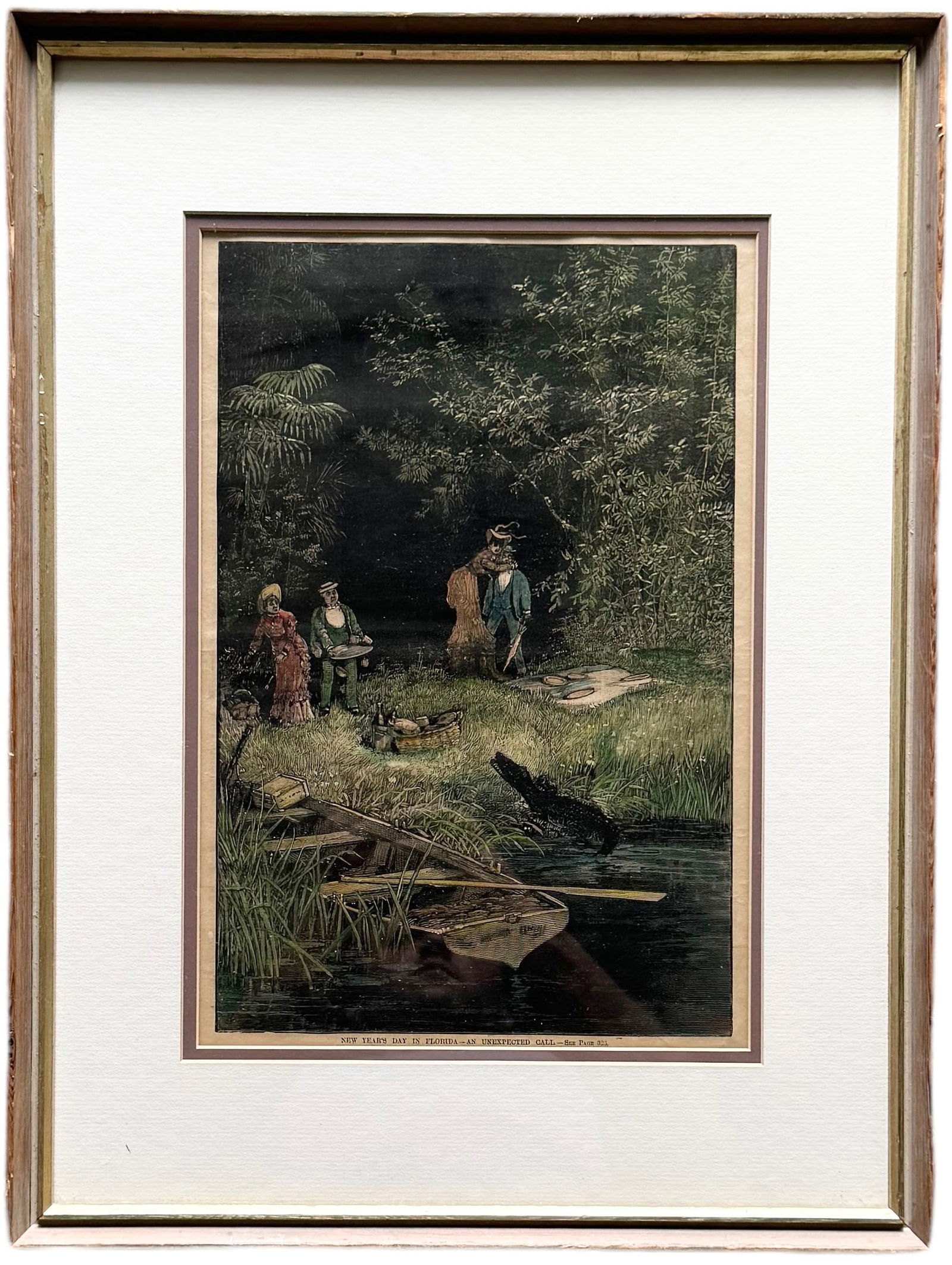 Antique Old Florida Colored Engraving "New Years Day In Florida" w/ Alligator (1 of 4)