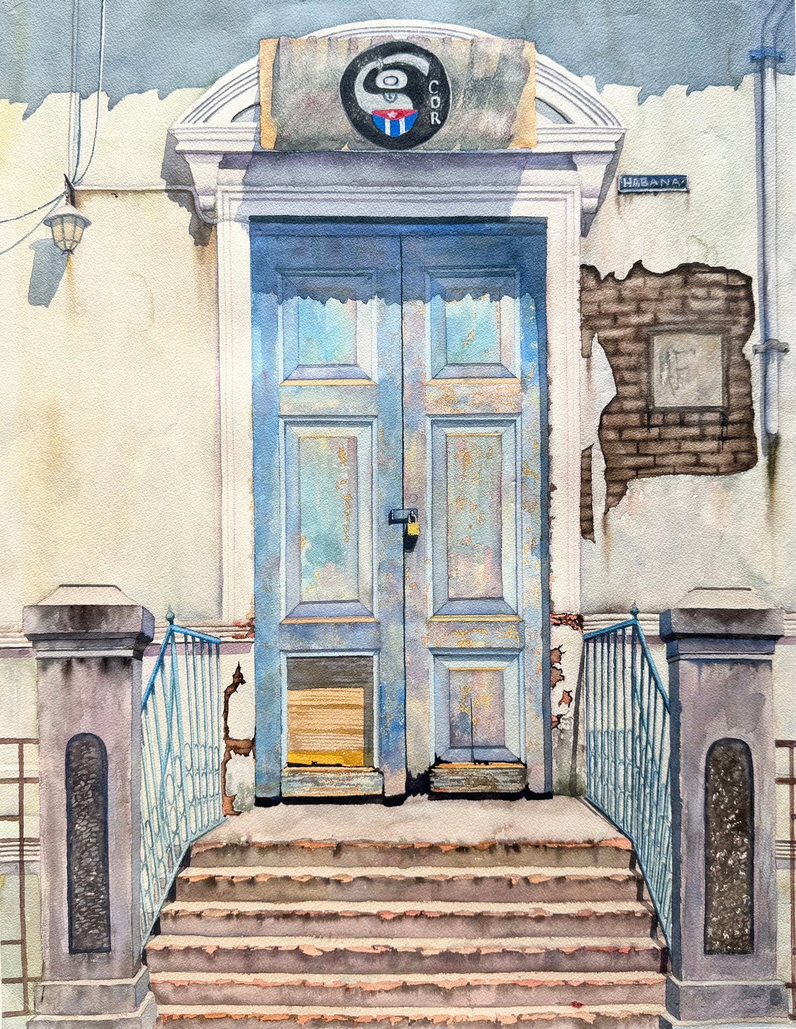 Architectural Watercolor Of A Doorstep In Havana, Cuba Unsigned: Watercolor on paper 25.5 x 19.5 in