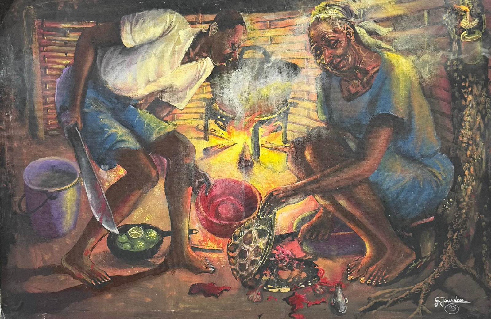 GUY JOURDAIN (20th c, Haiti) Voodoo: Oil on board 35.5 x 24 in