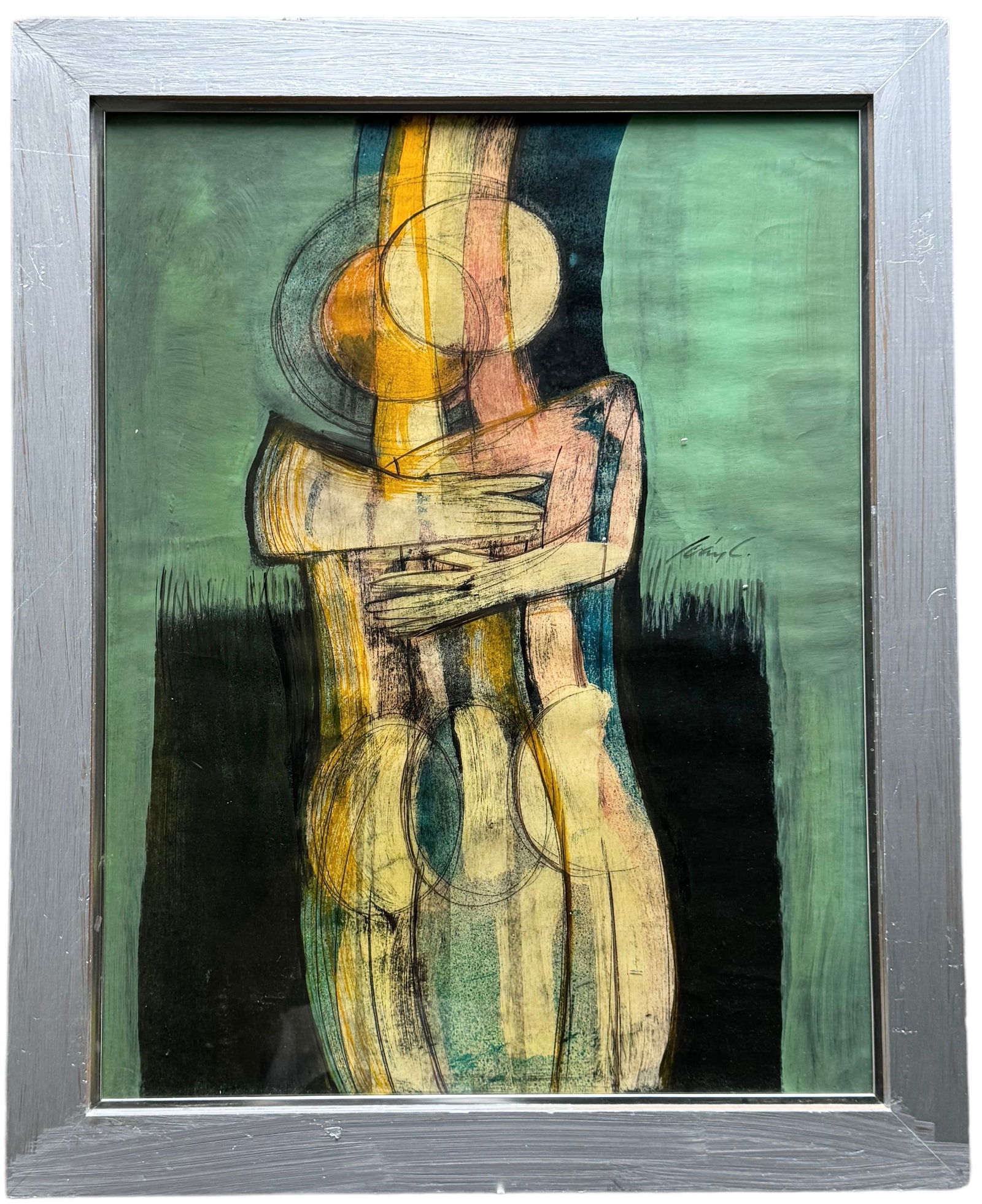 IVAN CUEVAS (b. 1930, Mexican) Modernist Pastel Abstract w/ Embracing Figures (1 of 3)