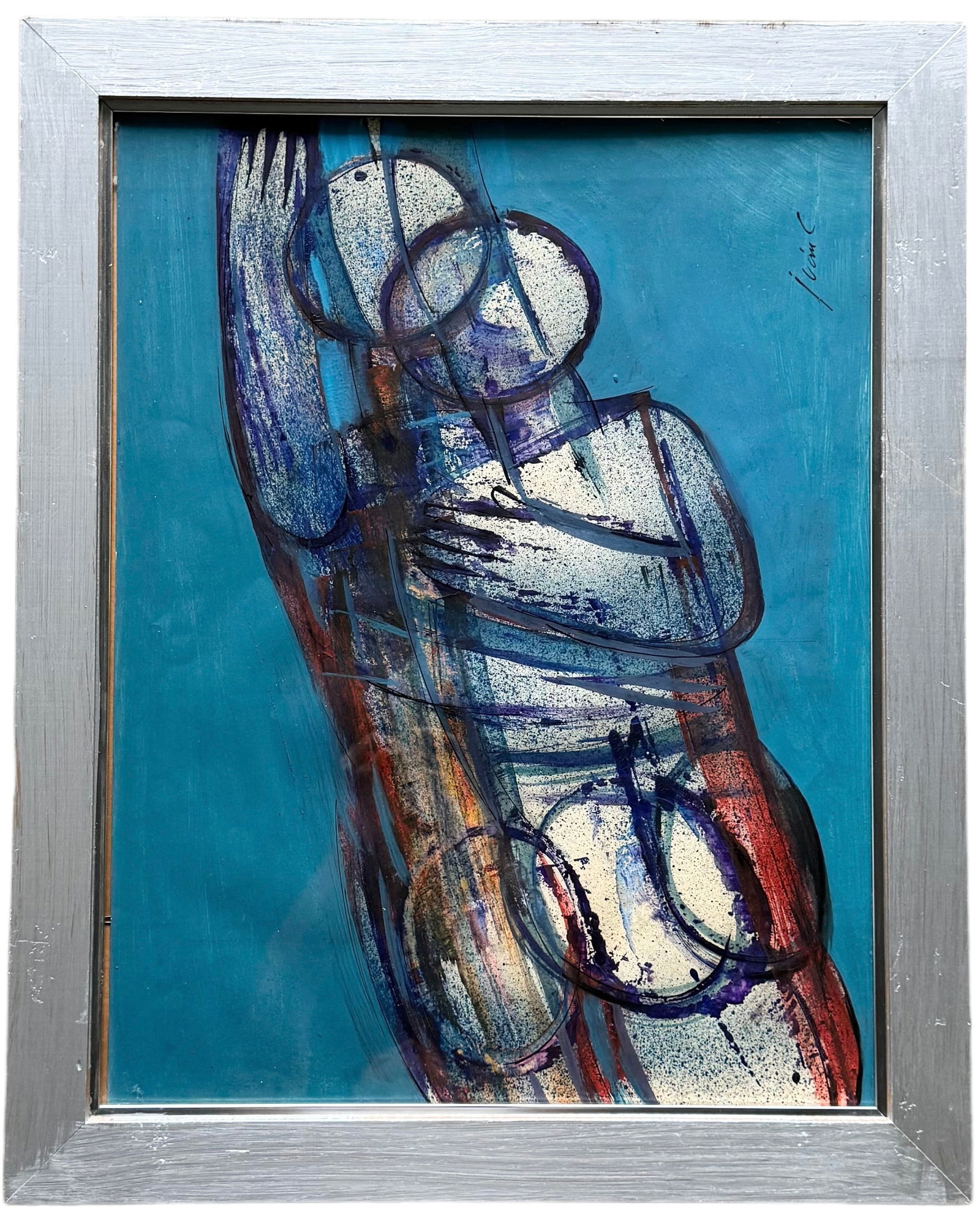 IVAN CUEVAS (b. 1930, Mexican) Modernist Pastel Abstract w/ Embracing Figures (1 of 3)