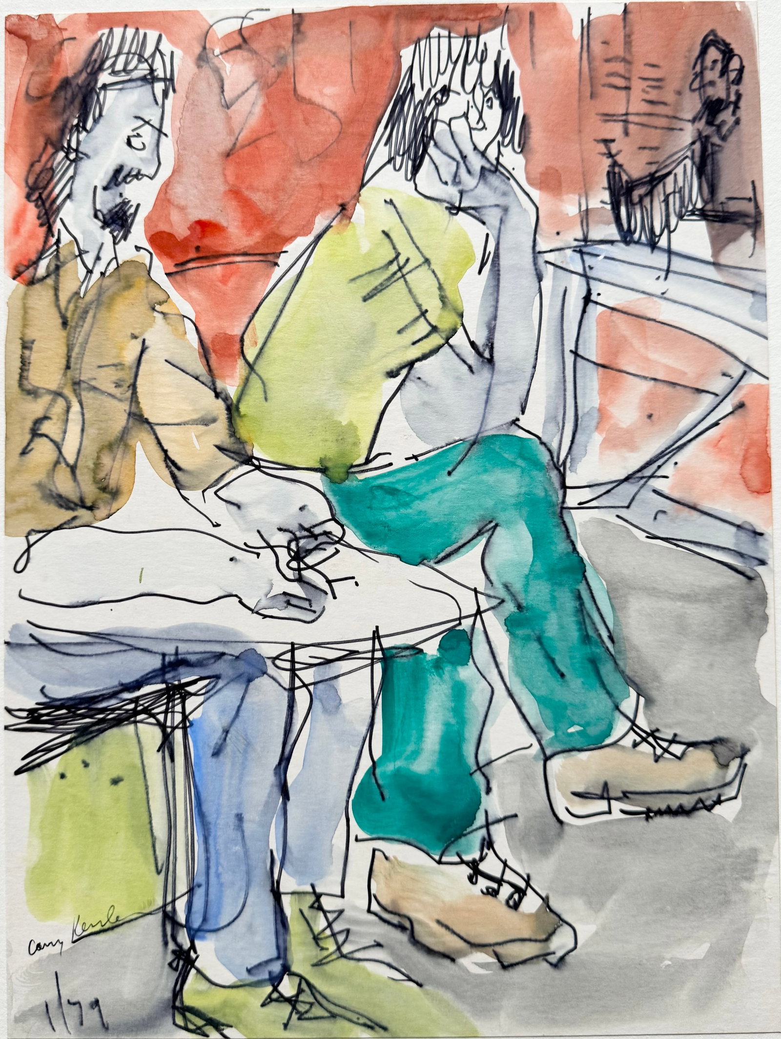LARRY KESSLER (b. 1925, Florida) 1970's Mod Street Scene, Florida Artist: Mixed media on paper 12 x 9 in