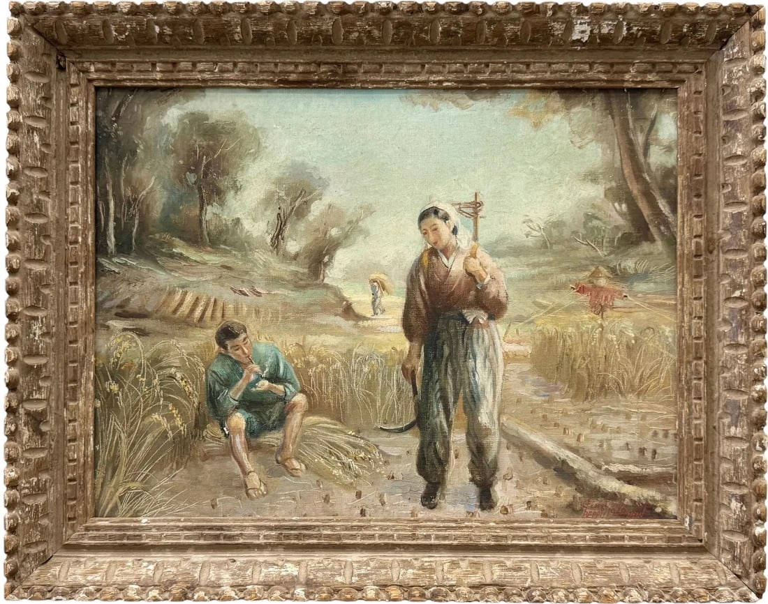 1940's Japanese School Oil Painting Of Rice Farmers, Signed: Oil on canvas 16 x 12 in, 19.5 x 15.5 in (framed)