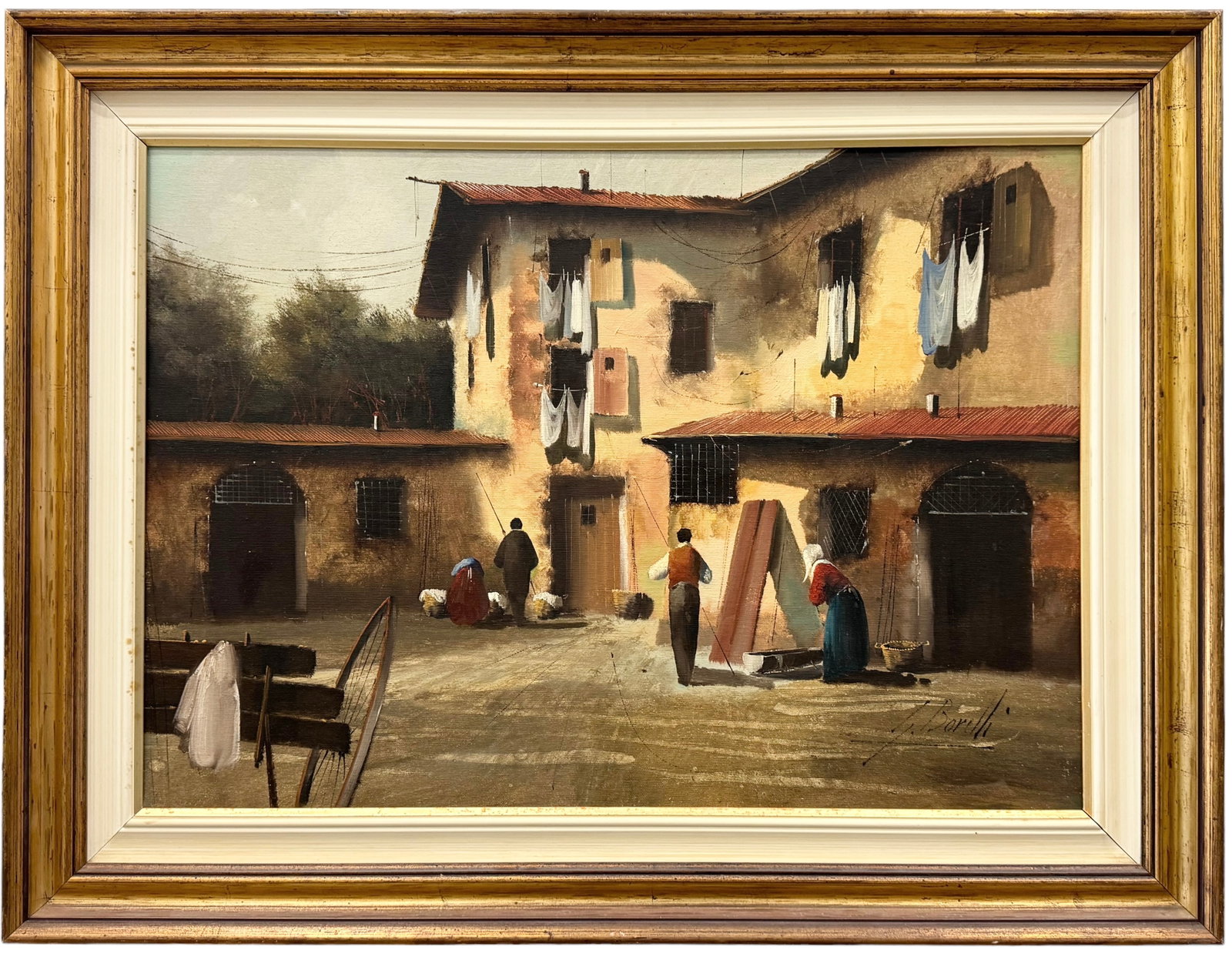 GUIDO BORELLI (b. 1952, Italian) Impressionist Village Scene, Label Verso: Oil on canvas 27.5 x 20 in, 35 x 27 in (framed)