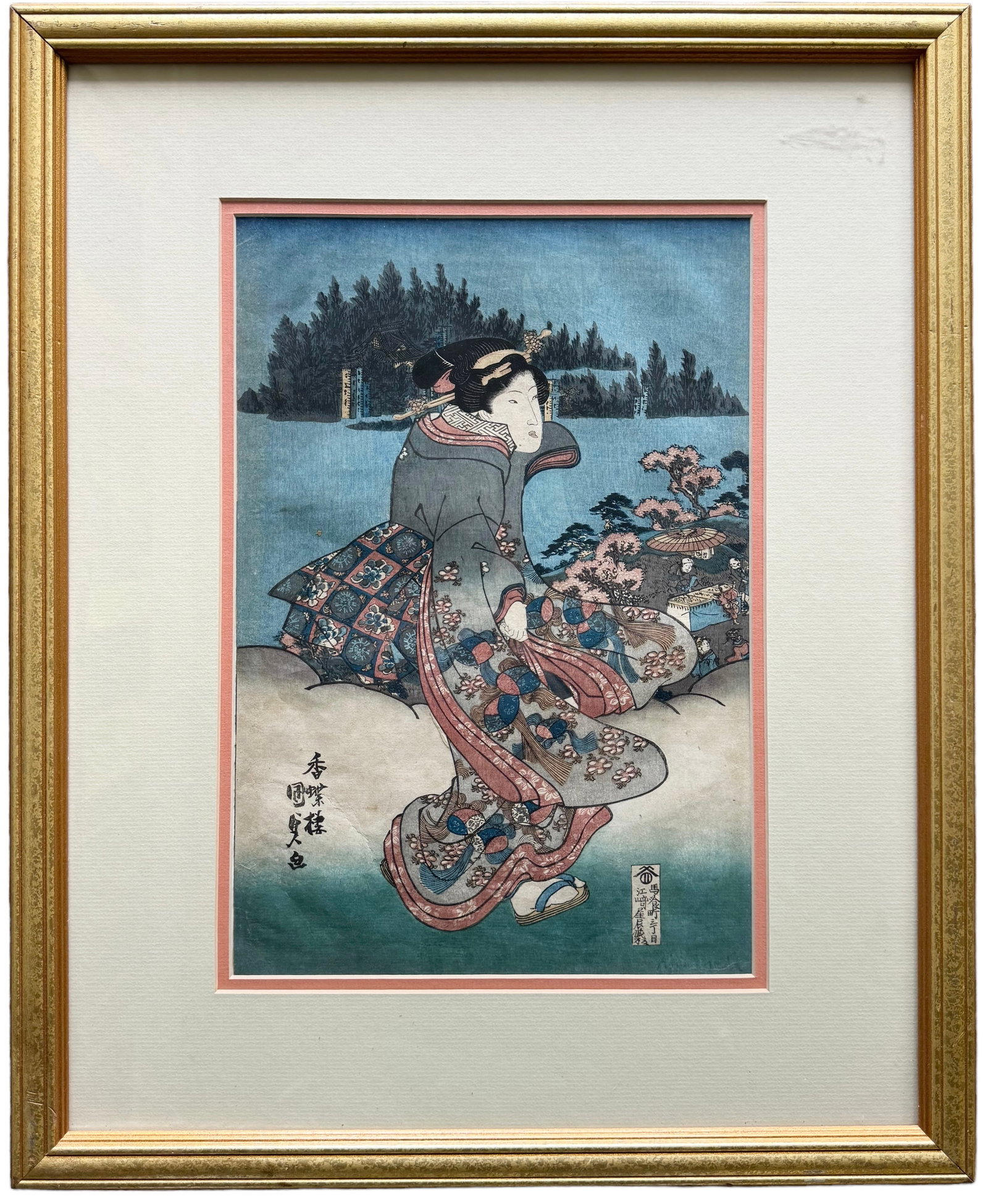Utagawa Kunisada, Japanese Woodblock Print: 14 x 19 1/4 in, 17.5 x 21.5 in (framed)