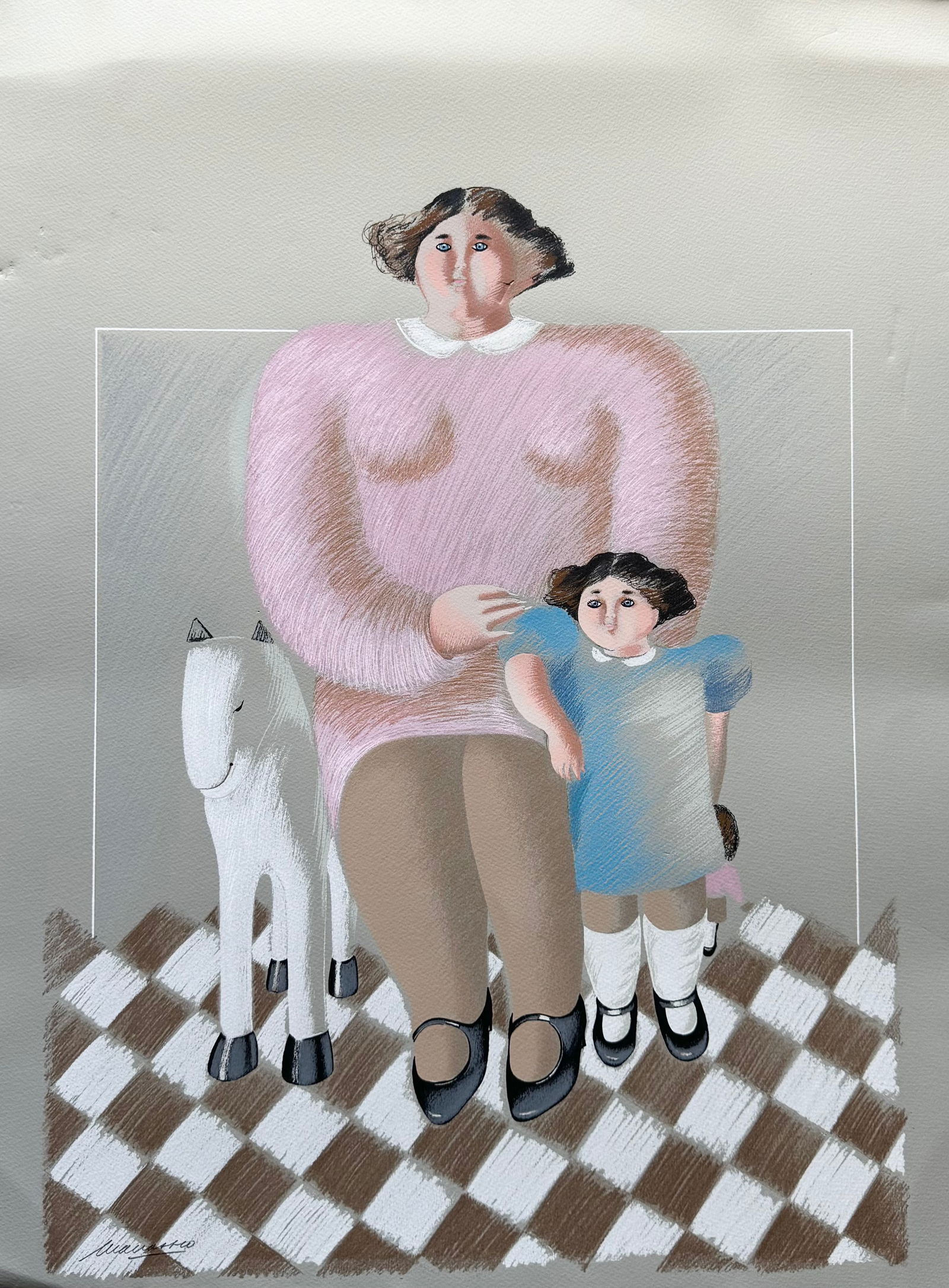 Maria Luisa Manassero (20th c, Argentina) Woman Daughter & Baby Horse (1 of 3)