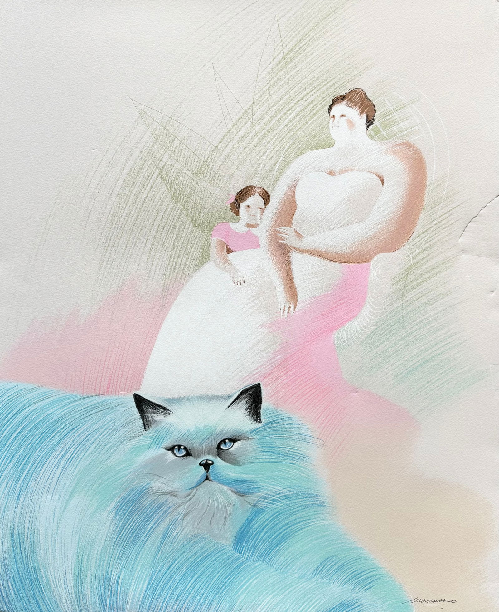 Maria Luisa Manassero (20th c, Argentina) Mother Daughter & Cat (1 of 4)