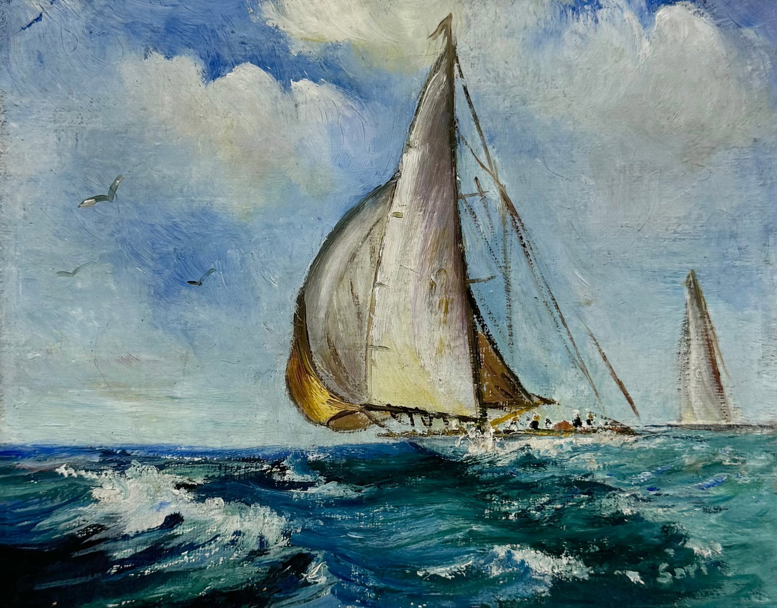 Small American School Seascape Painting With Boat, Signed (1 of 3)