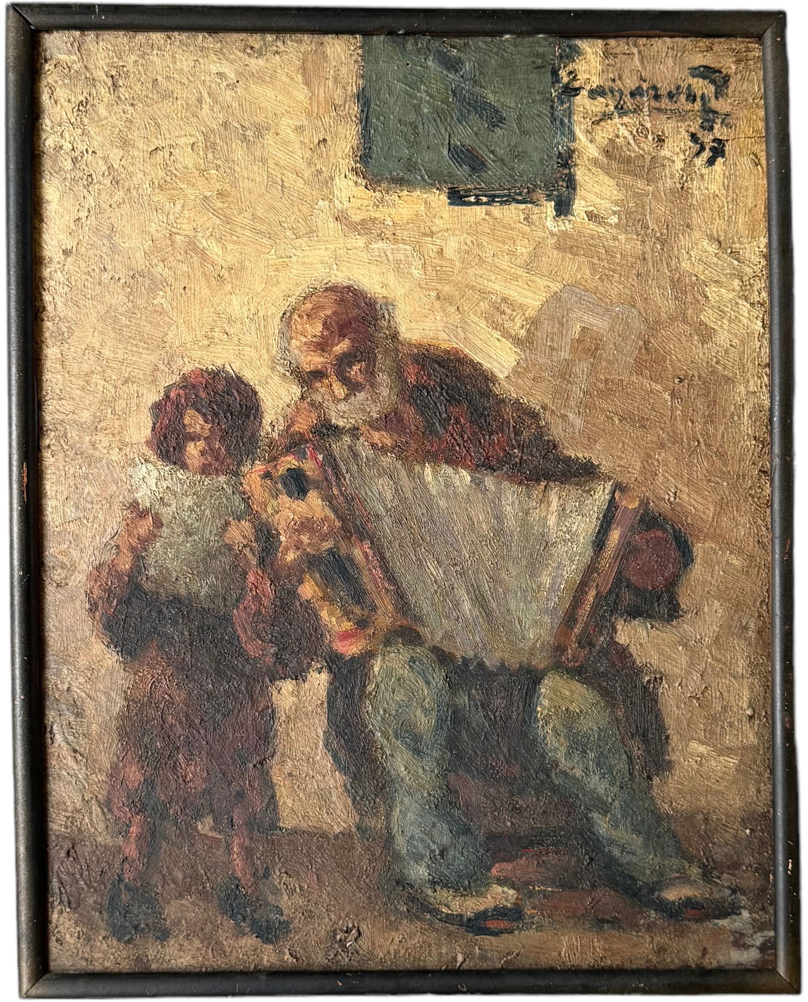 European School Modernist Genre Painting Of Man Playing Accordion & Boy, Signed Illegibly (1 of 3)