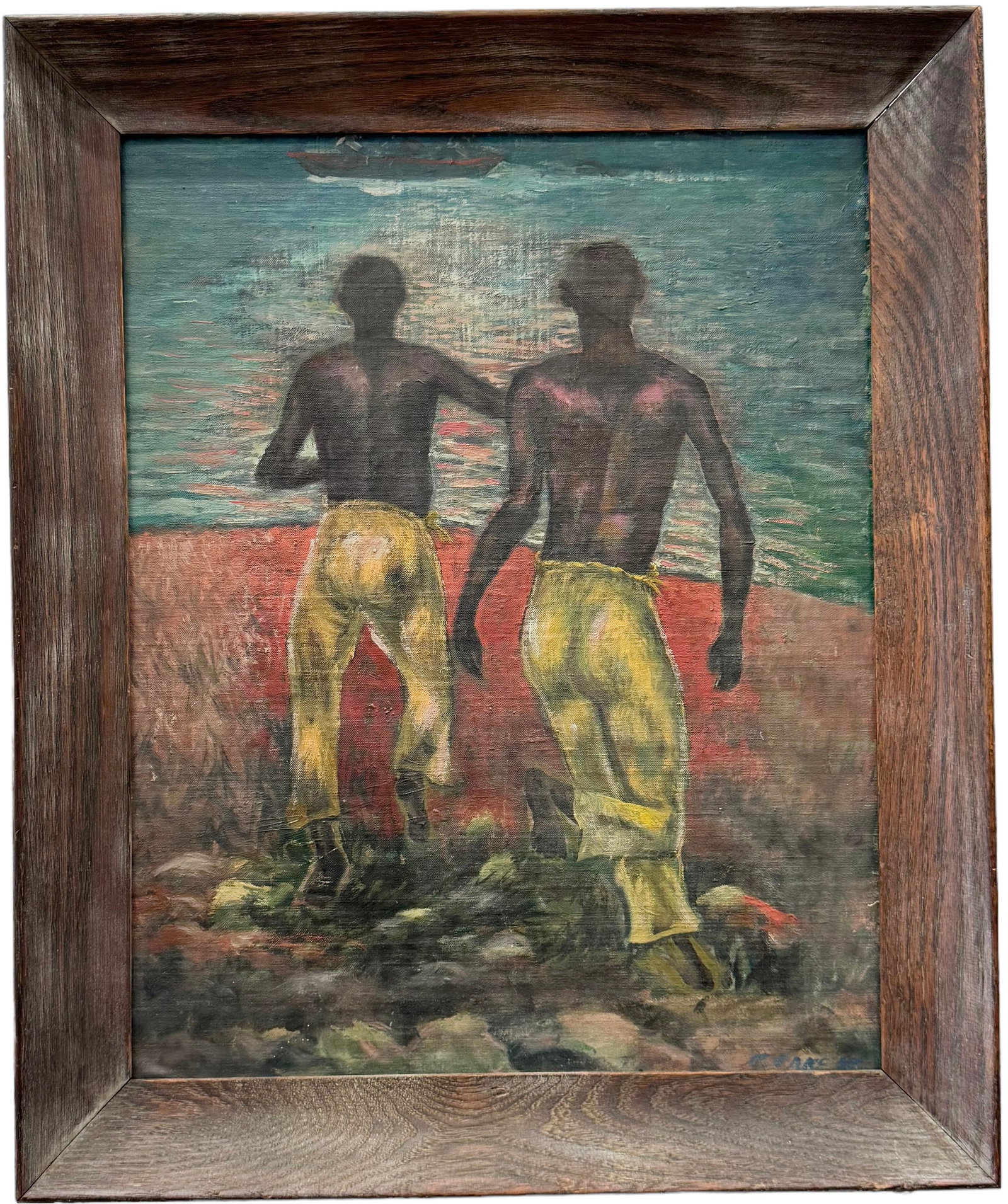African Or Haitian School Modernist Figures At Harbor, Signed: Oil on board 20 x 16 in, 23.5 x 19.5 in