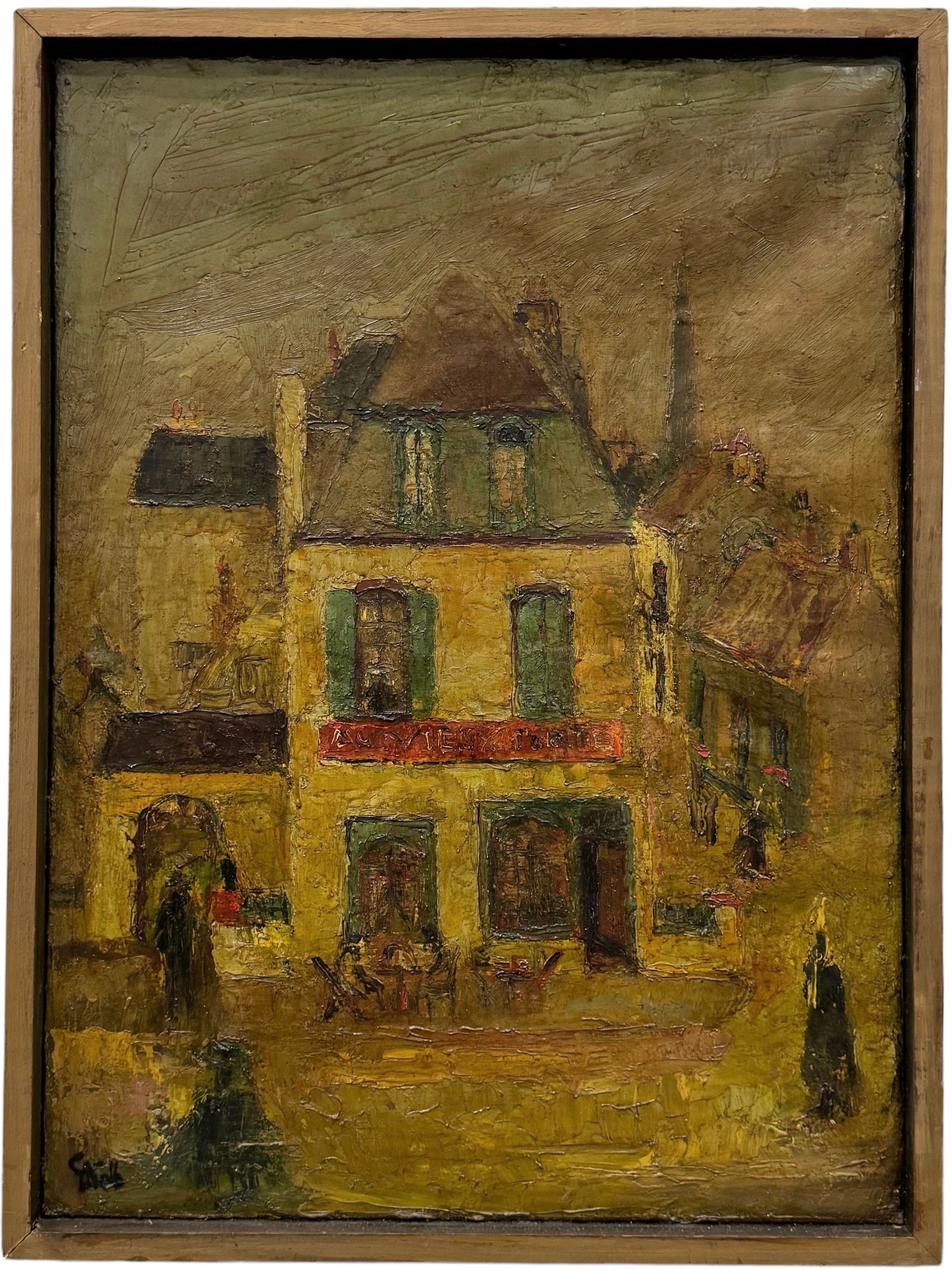 Modernist European School Paris Street Scene, Signed: Oil on canvas 30 x 22 in, 32 x 24 in (framed)