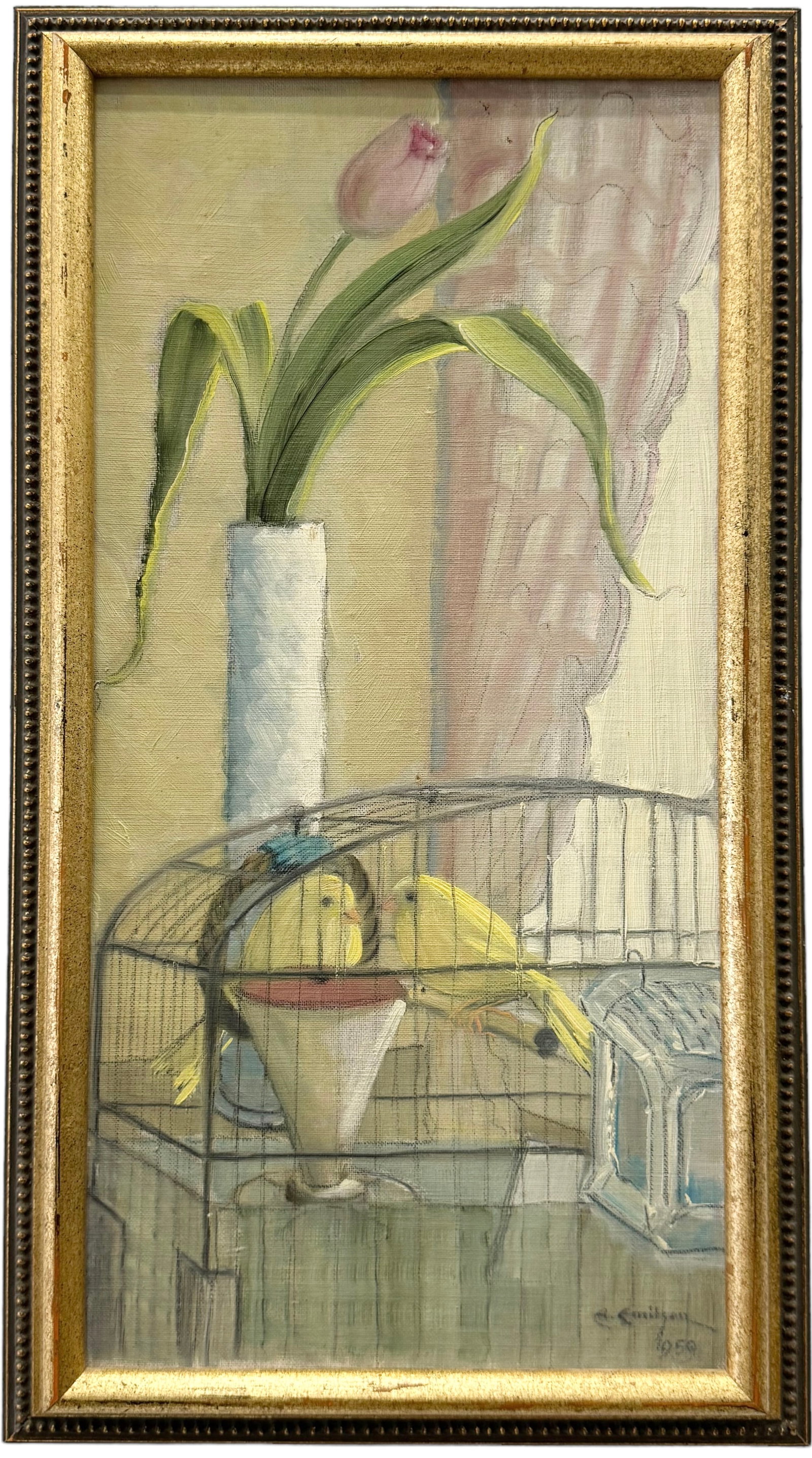 American School Mid-Century Floral Still Life With Birds, Signed: Oil on board 10 x 20 in, 13 x 23 in (framed)
