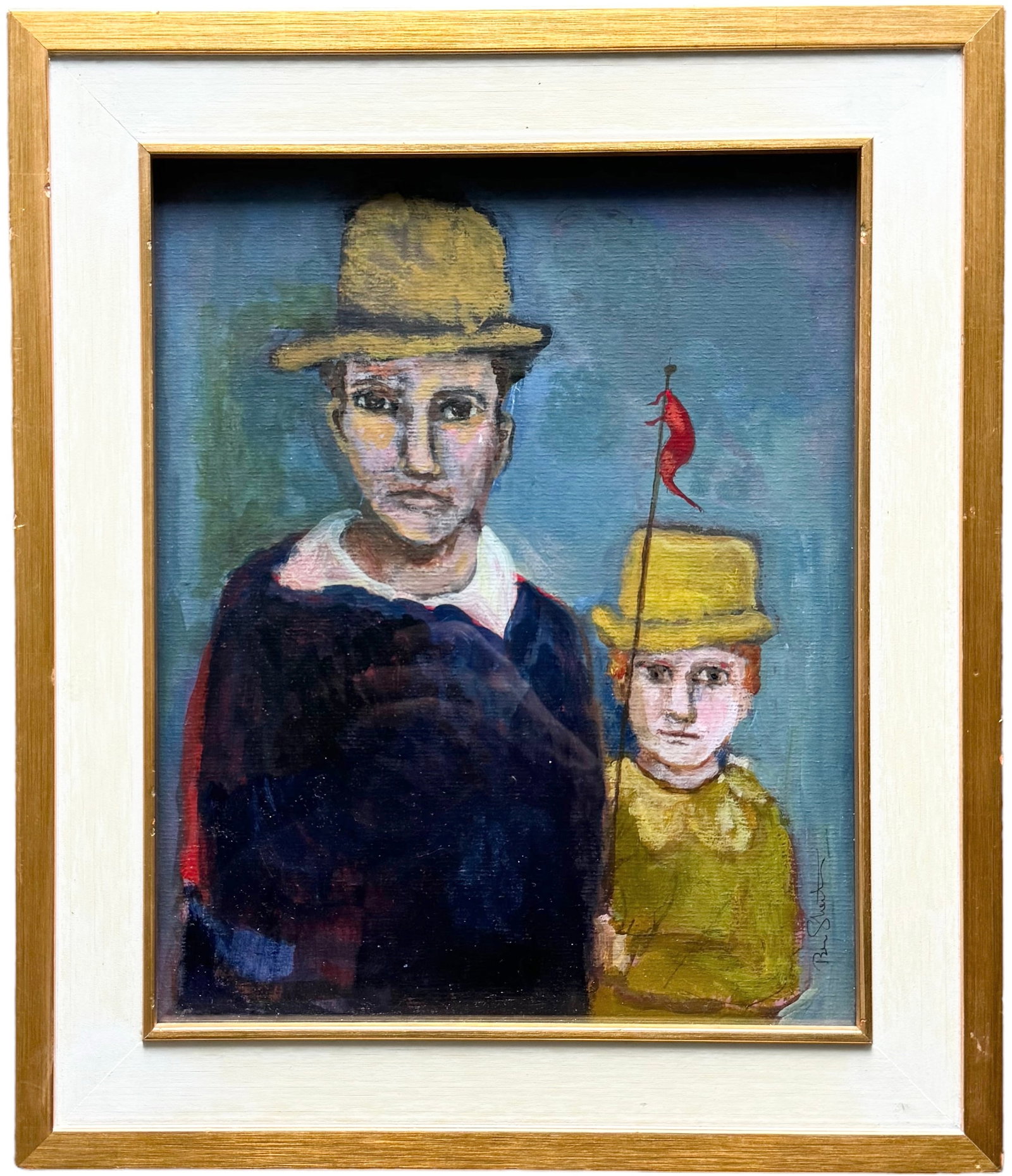Modernist European Portrait Of Figures, Signed: Mixed media on paper 15 x 13 in (framed)