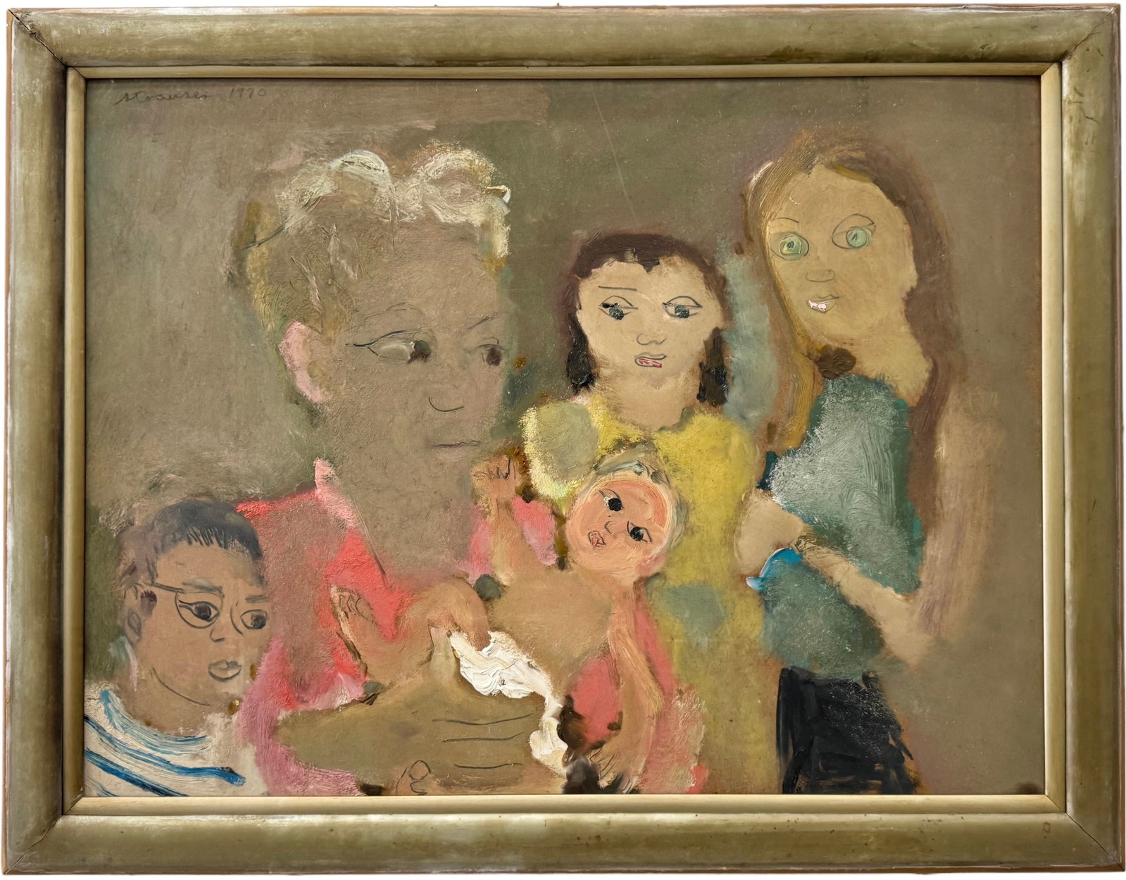 STERLING STRAUSER (1907-1995, American) Modernist Family 1970: Oil on masonite 28 x 22 in, 32 x 25 in (framed). Sterling Strauser was born in Bloomsburg, Pennsylvania and became a painter in expressionist/impressionist styles who used a heavy impasto technique. H