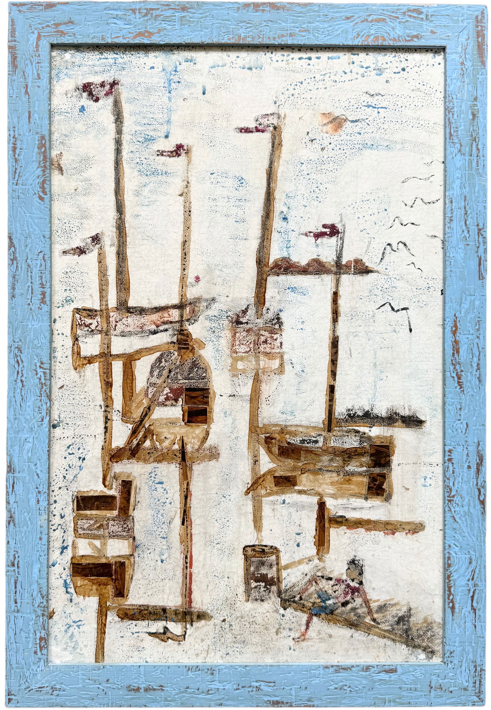 Nicely Framed Mid-Century Modernist Harbor Scene, Unsigned Double Sided (1 of 3)