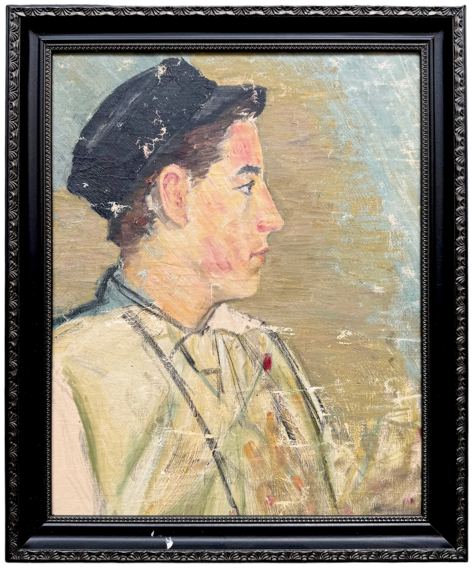 American School WPA Era Portrait Of A Young Man: Oil on canvas 20 x 16 in, 23.5 x 19.5 in (framed). Relined. This item is located in our Margate City, NJ gallery and must be picked up or shipped from there.