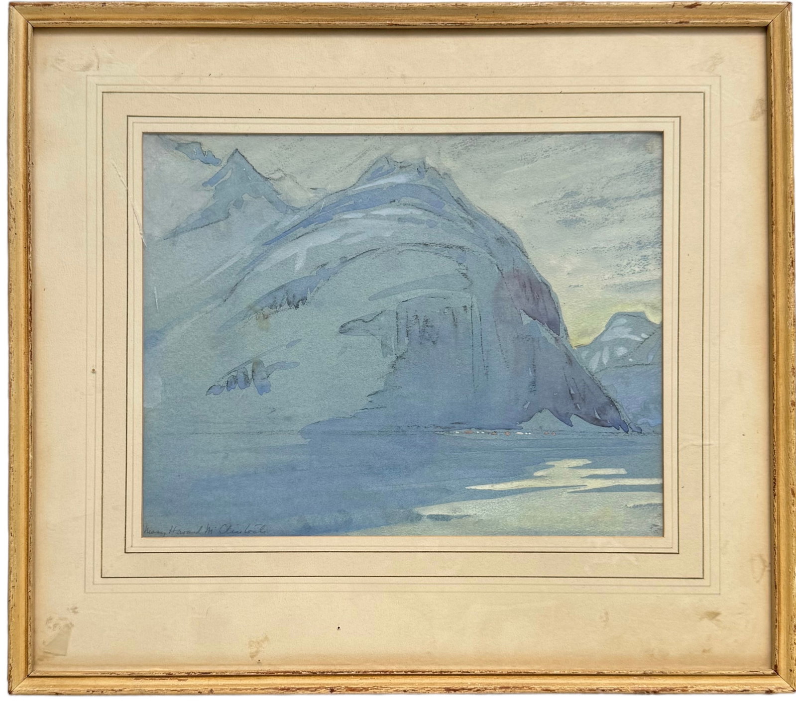 MARY HOWARD (20th c, American) Snow Capped Harbor Landscape: Massachusetts artist. Watercolor 12 x 9 in, 17.5 x 15.5 in (framed). This item is located in our Margate City, NJ gallery and must be picked up or shipped from there.