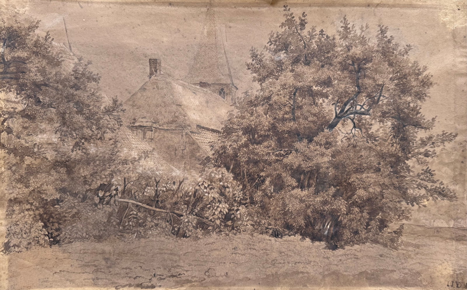 Antique English School Watercolor Landscape With Building, Monogrammed: Size 18 3/4 x 11 3/4 in. This item is located in our Margate City, NJ gallery and must be picked up or shipped from there.