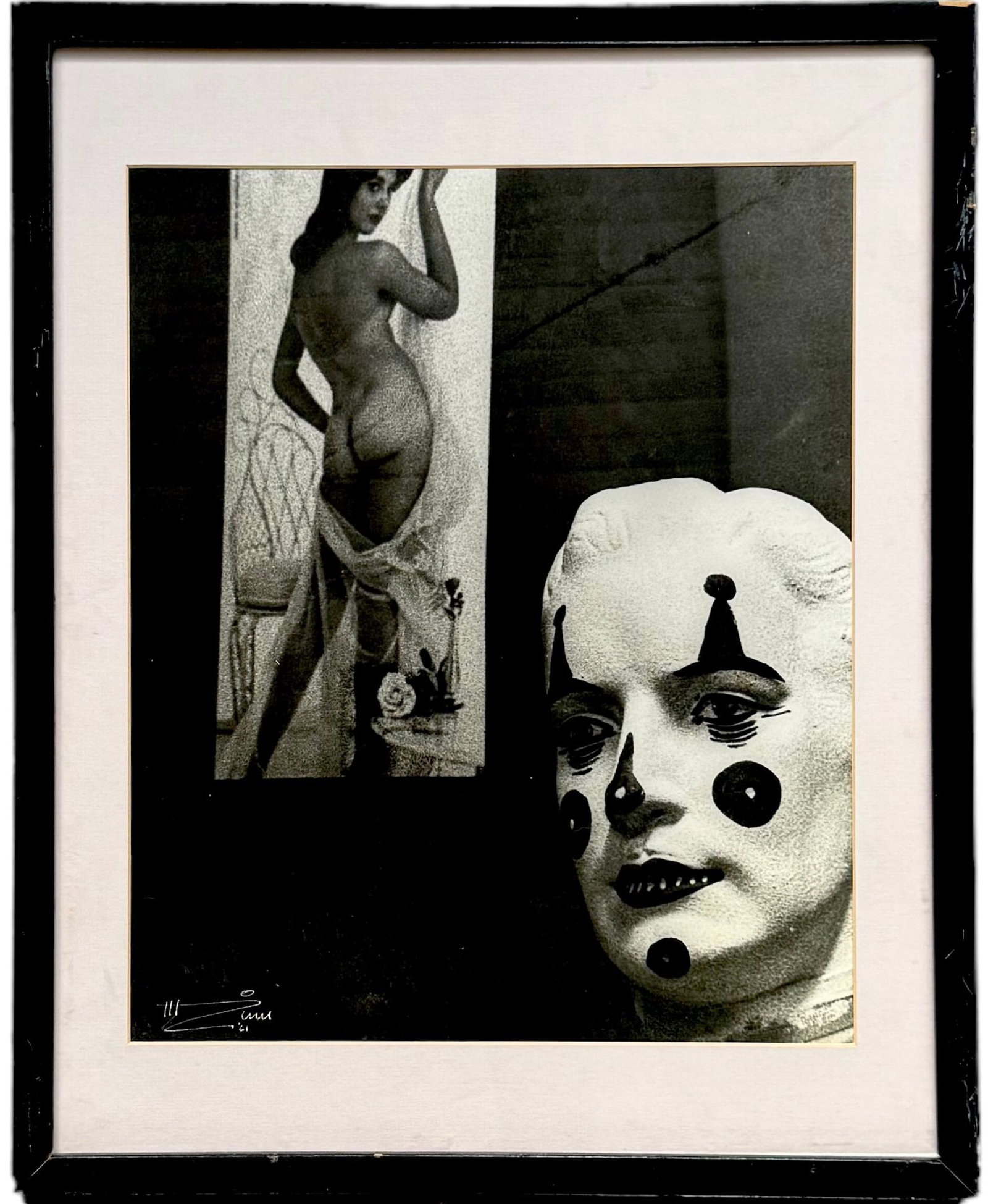 Mid-Century Surrealist Nude Clown Silver Gelatin Print, Signed 1961: Size 15.5 x 13 in, 21 x 17 in (framed)
