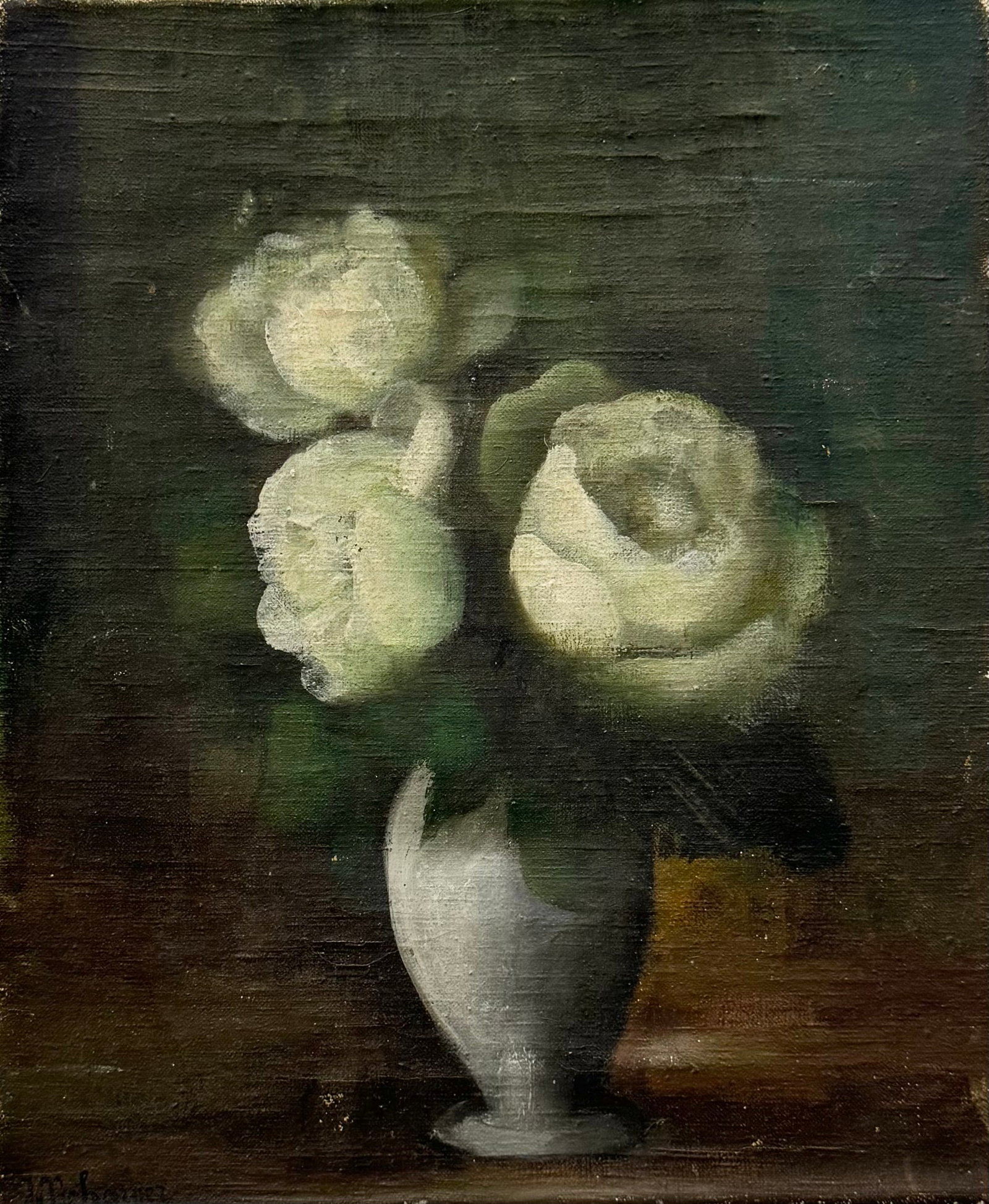 Antique European School Still Life Of Flowers, White Roses Signed: Oil on canvas 15 7/8 x 13 in
