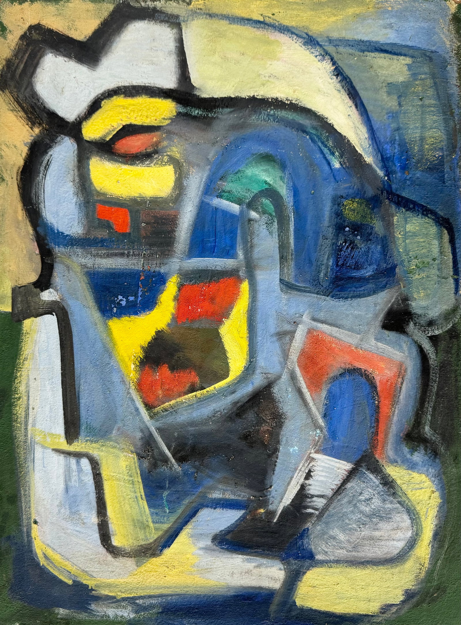 Mid-Century Modern American School Cubist Abstract Signed Hughes Verso: Oil on masonite 24 x 18 in