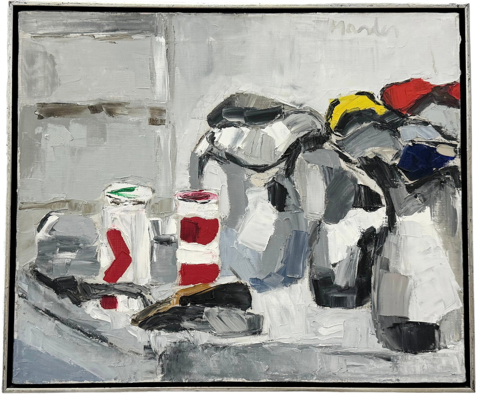Mid-Century American School Modernist Still Life, Signed: Oil on canvas 24 x 20 in, 25 1/4 x 21 1/4 in (framed)