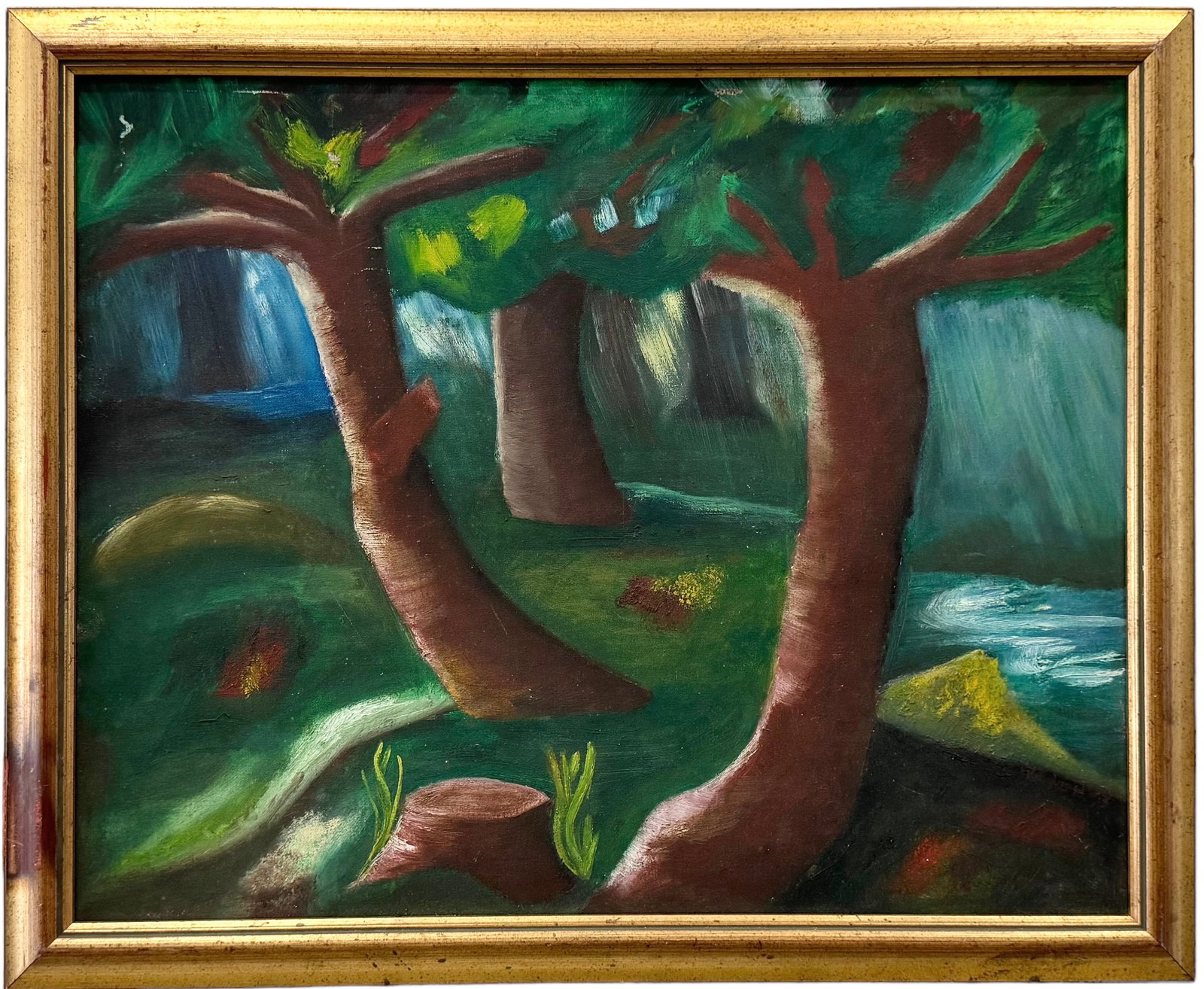 Vintage Amercan School Modernist Landscape With Sun Beaming Through Trees: Signed lower right but hard to read. Oil on canvas 24.5 x 20 in, 27.5 x 22.5 in (framed)