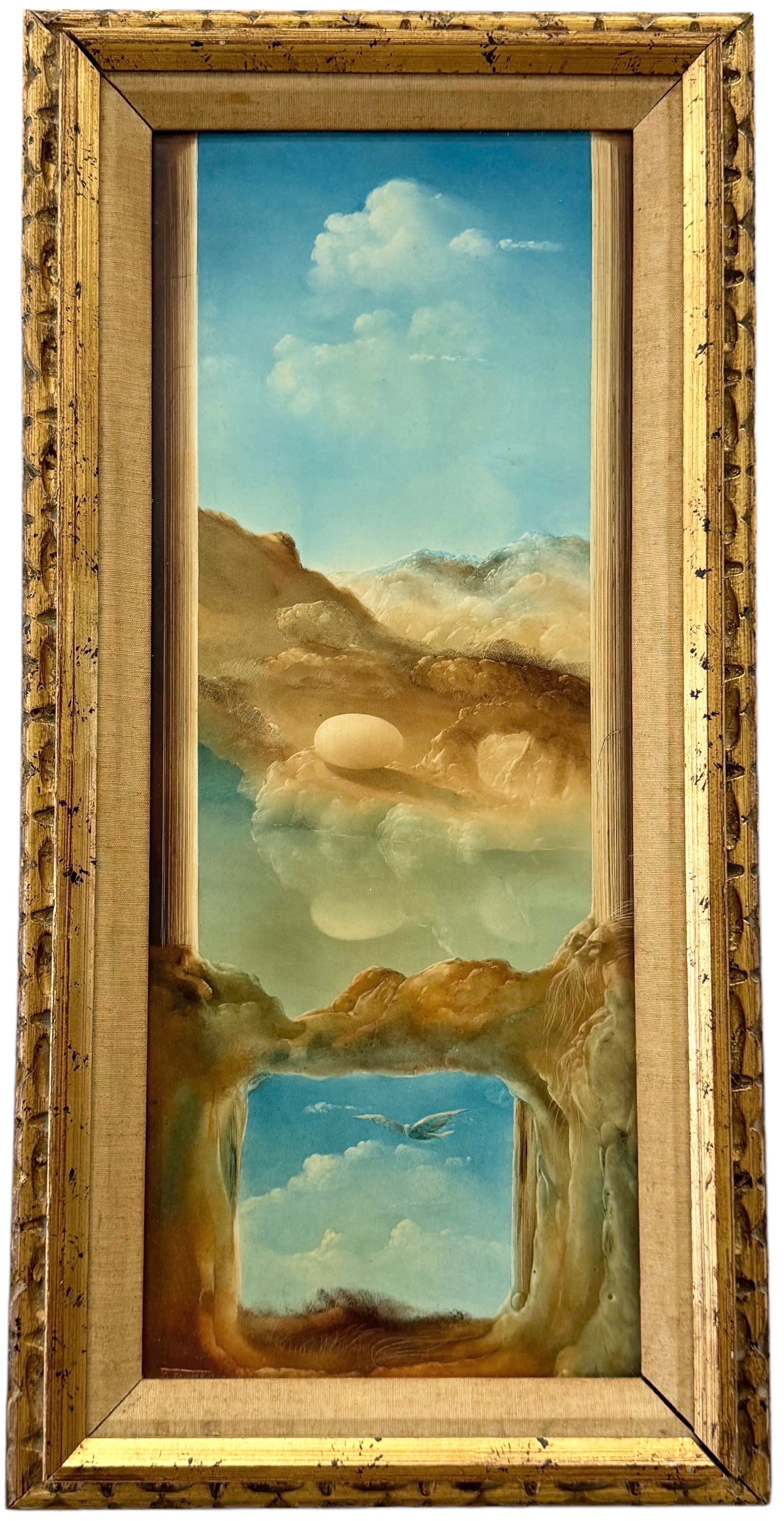 Mid-Century Surrealist Landscape Signed Style Of Dali Artist Unknown: Oil on board 25 x 10 in, 29.5 x 14.5 in (framed)