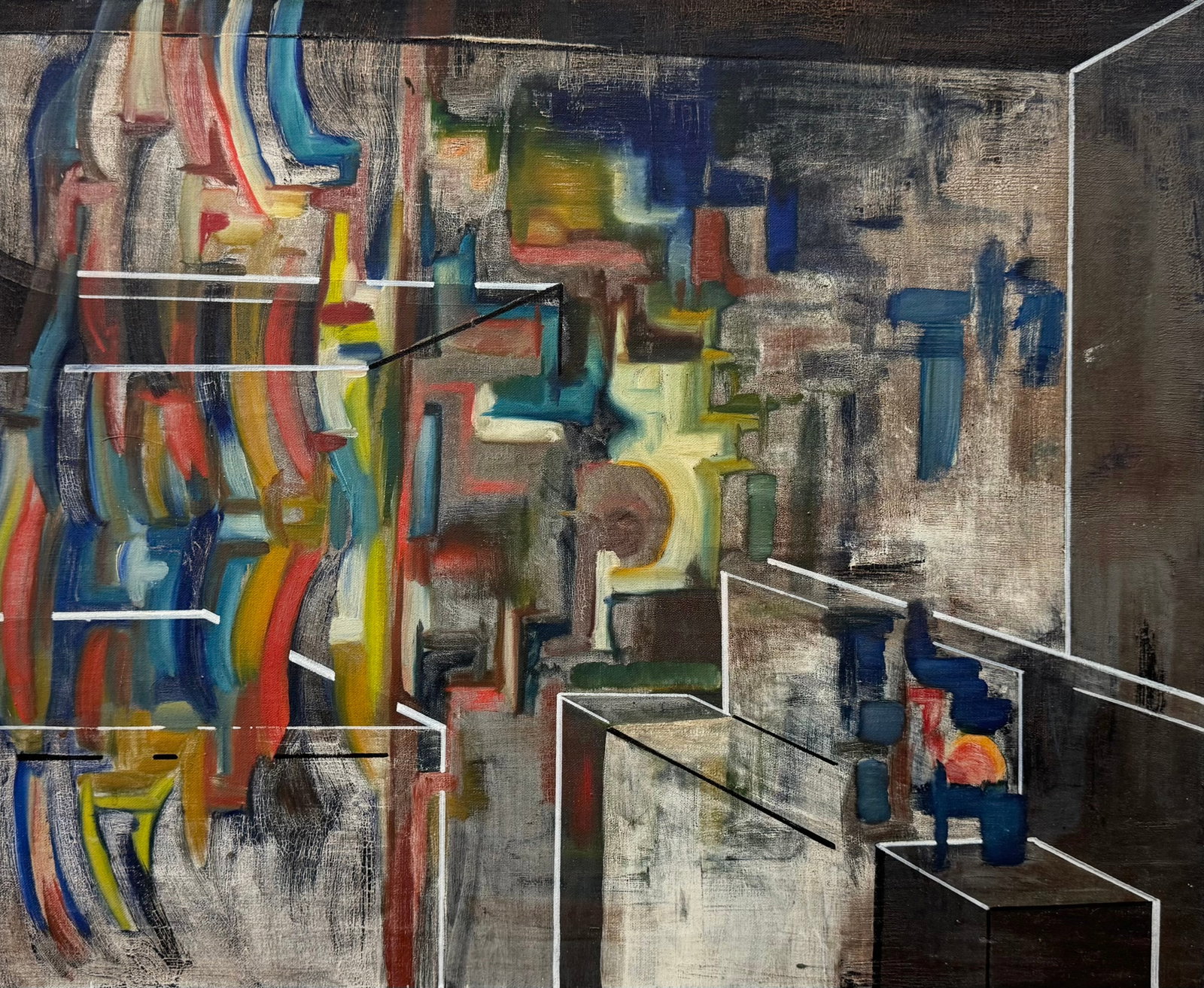 Vintage Mid-Century Modern Abstract Painting Artist Unkknown: Oil on canvas 29 x 24 in