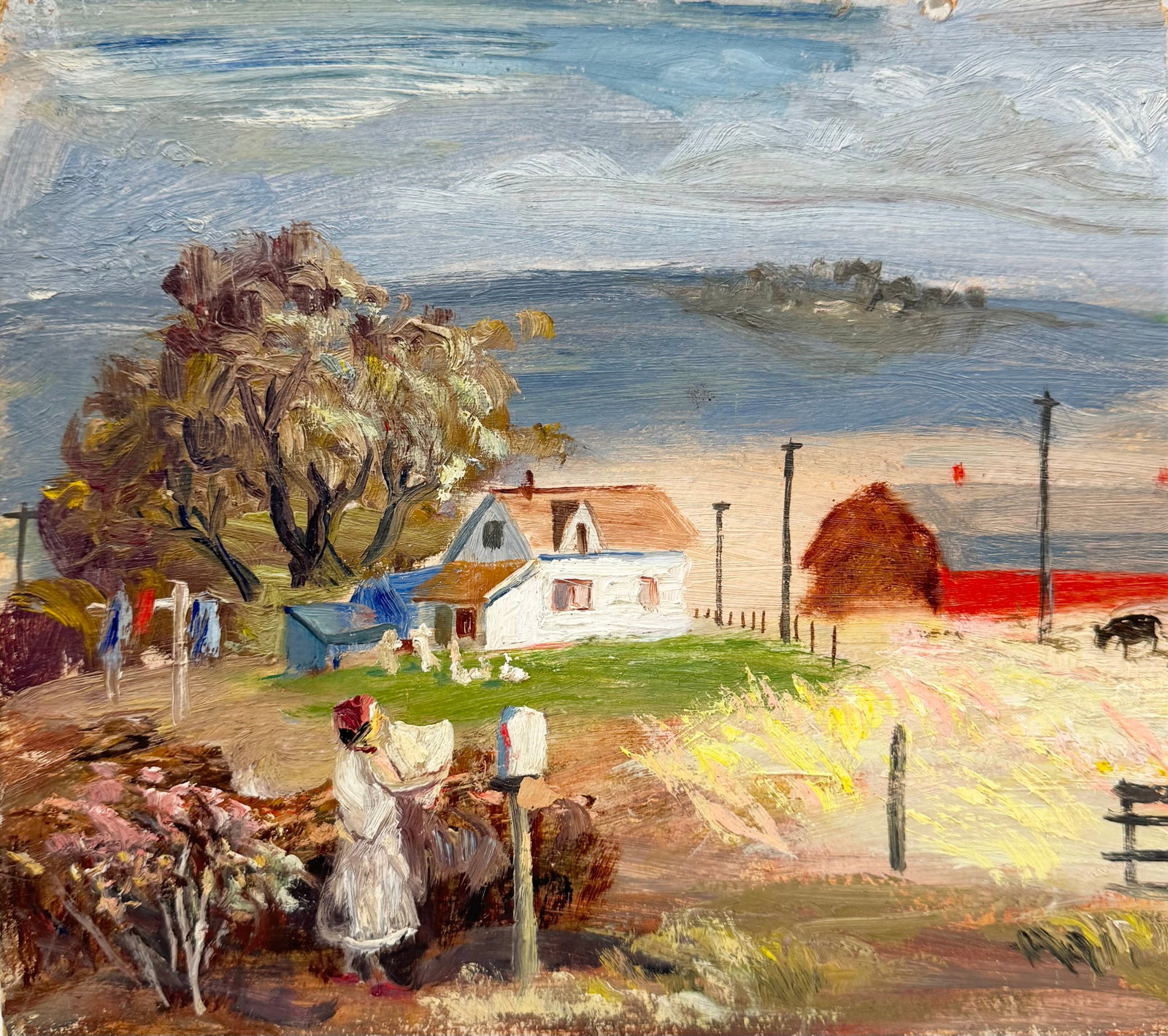 American School Impressionist New England Landscape Painting Unsigned: Oil on board 11 x 10 in